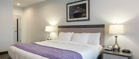 A hotel room with a bed, two bedside tables, a nightstand, a framed picture on the wall, and a door.