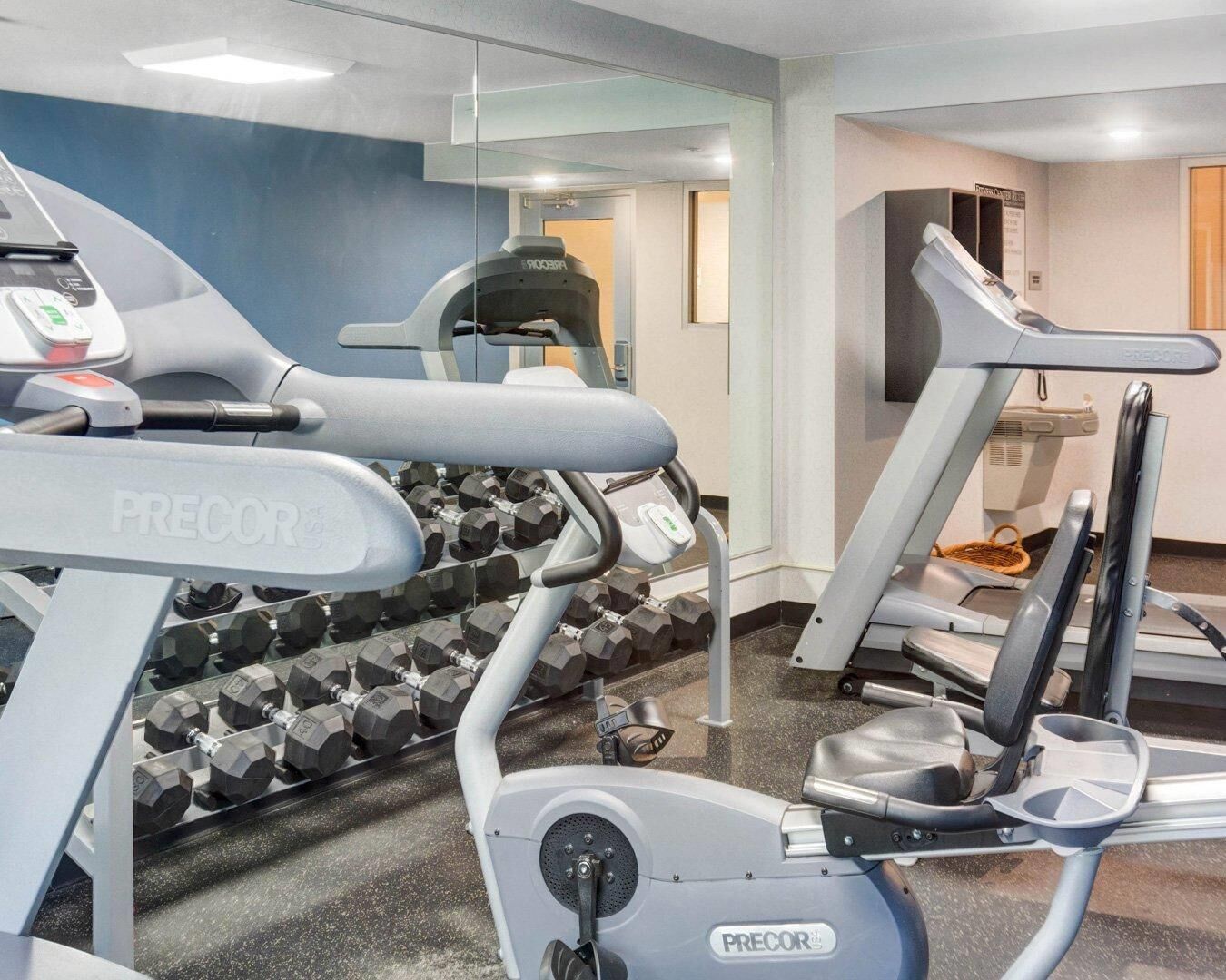 Un gimnasio con equipo de ejercicio diverso, incluyendo cintas de correr, una bicicleta estática y mancuernas.
