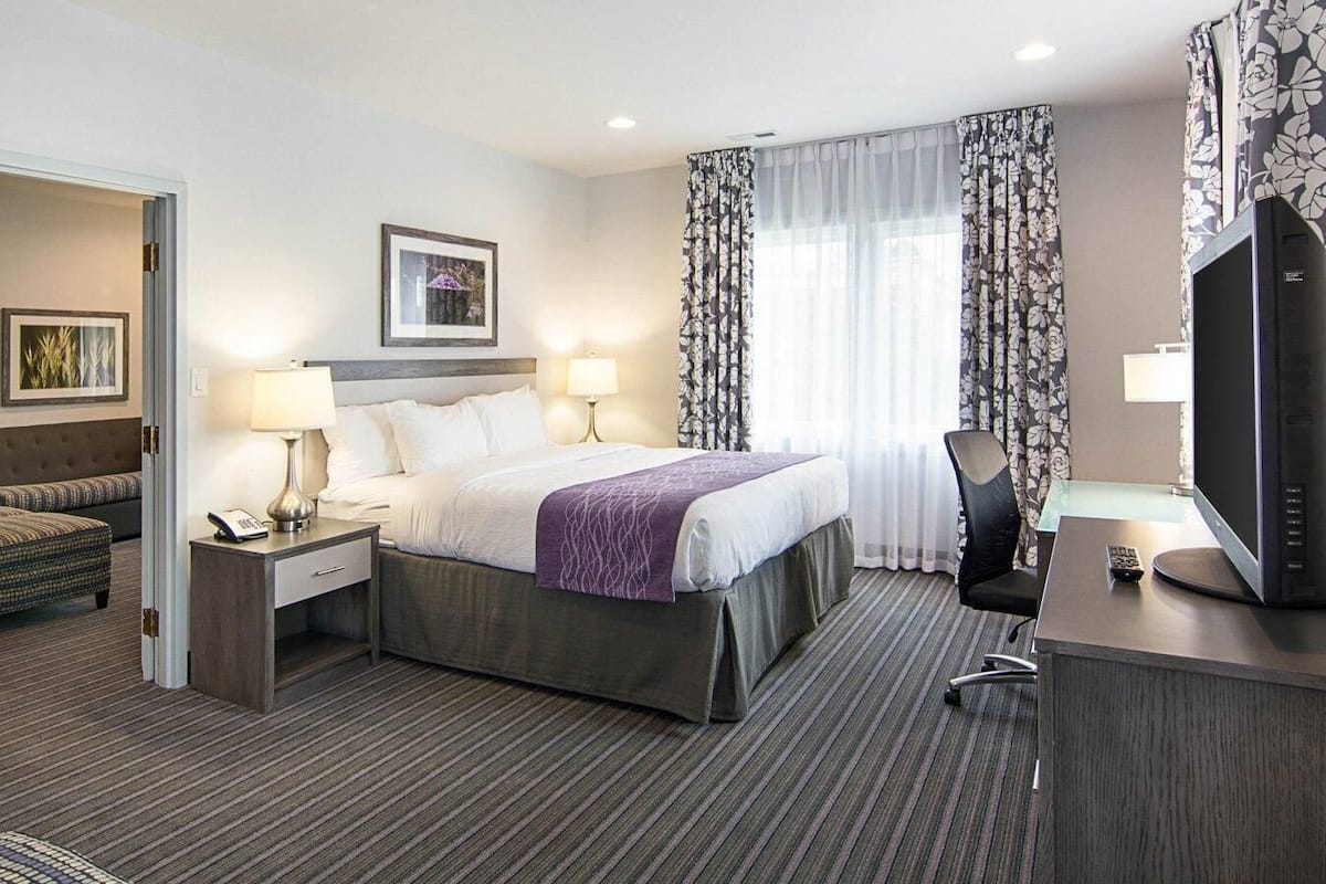 A hotel room with a bed, two bedside lamps, a desk with a TV, a chair, and a window with curtains.