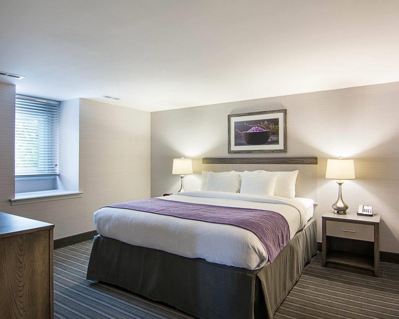 A hotel room with a bed, two bedside tables, a window with blinds, and a framed picture on the wall.