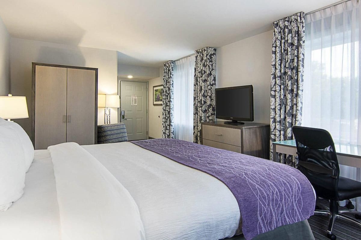 A hotel room with a bed, a desk with a computer, a TV, and a chair.