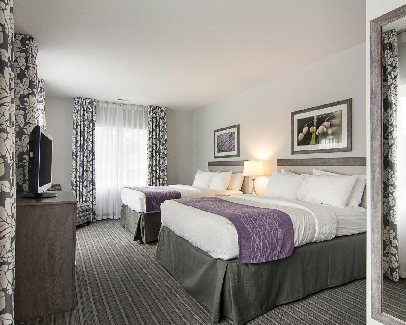 A hotel room with two beds, a television, and a window with curtains.
