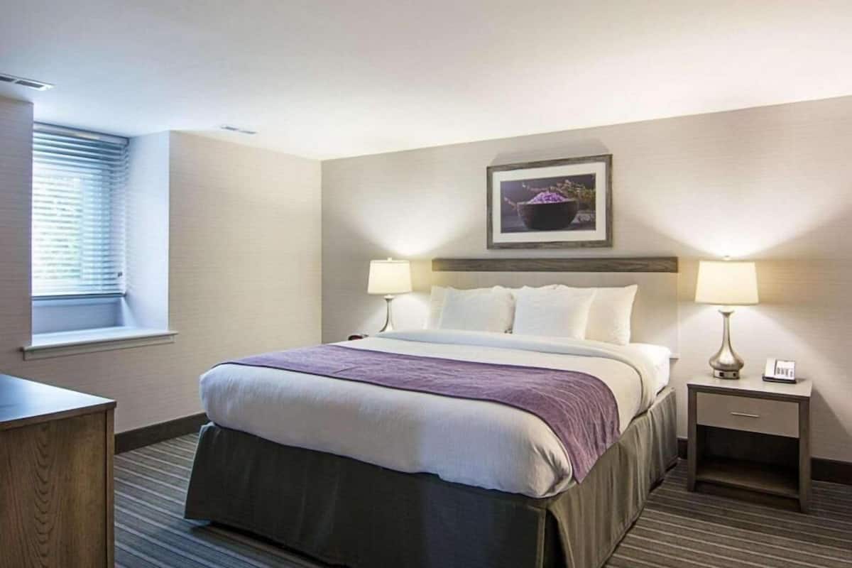 A hotel room with a bed, two bedside tables, a window, and a framed picture on the wall.