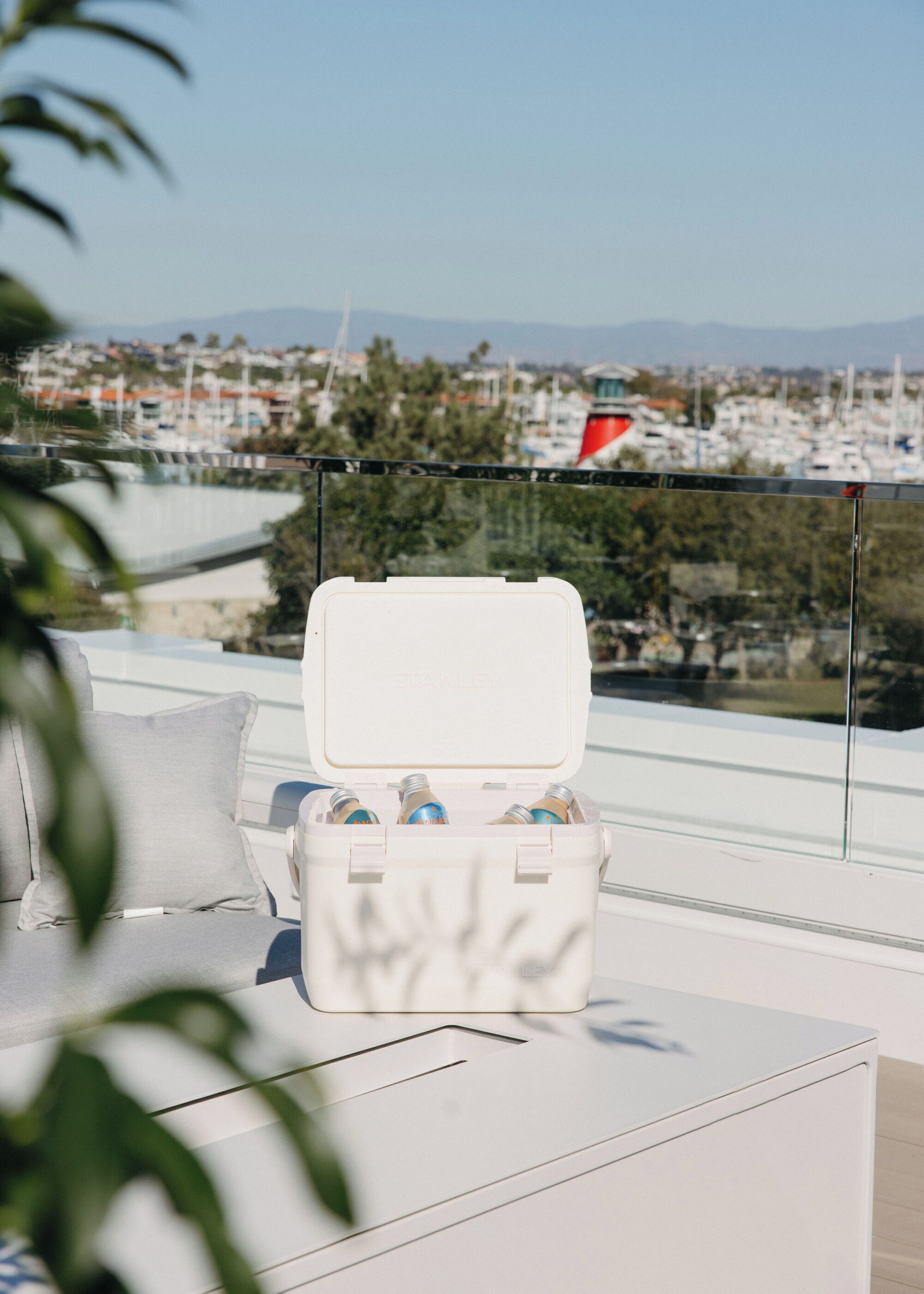 Une glacière blanche contenant des bouteilles, posée sur un balcon donnant sur une marina avec des bateaux et des maisons.