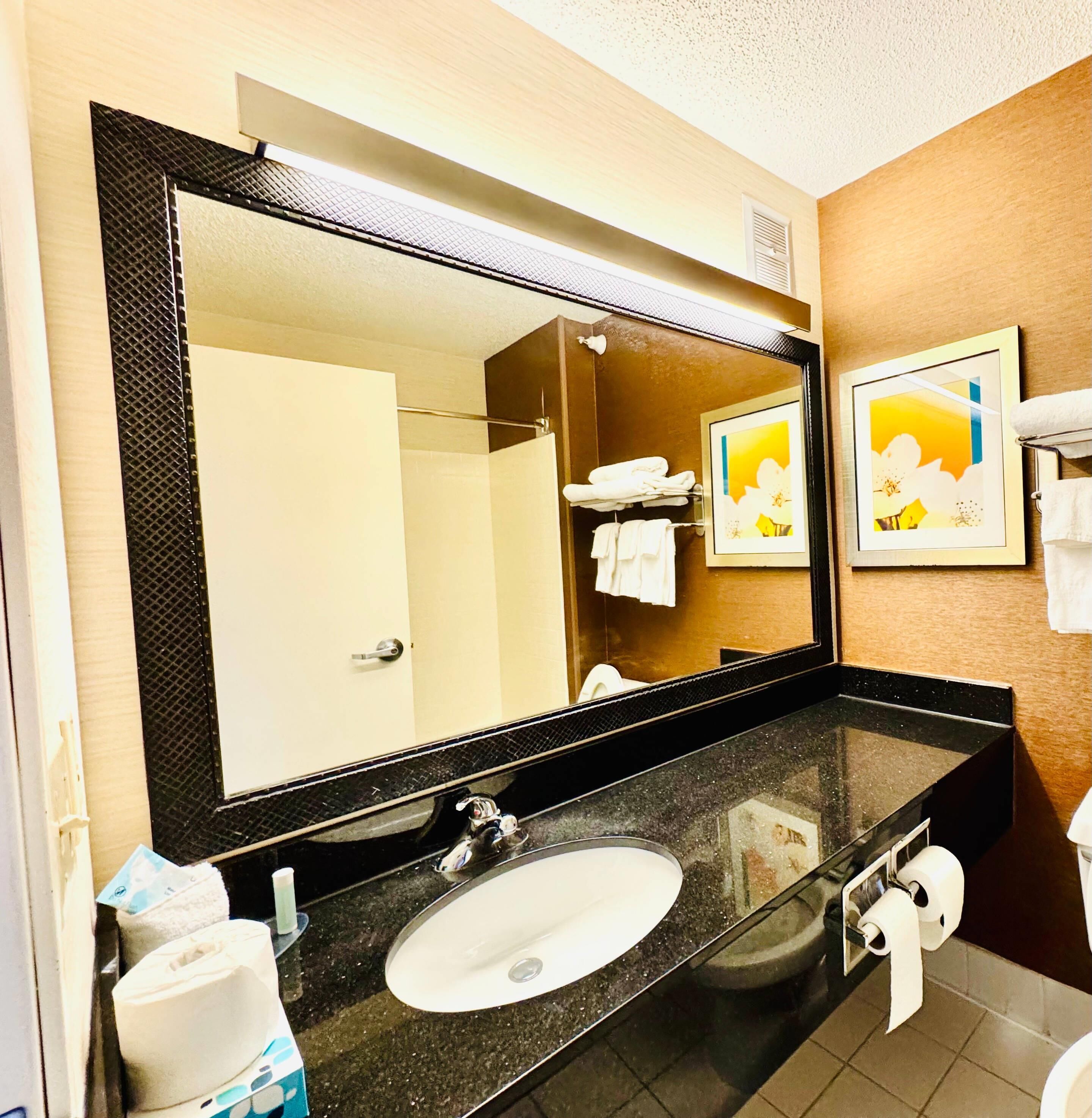 A bathroom with a large mirror, a sink, and a toilet. There are towels and a framed picture on the wall.