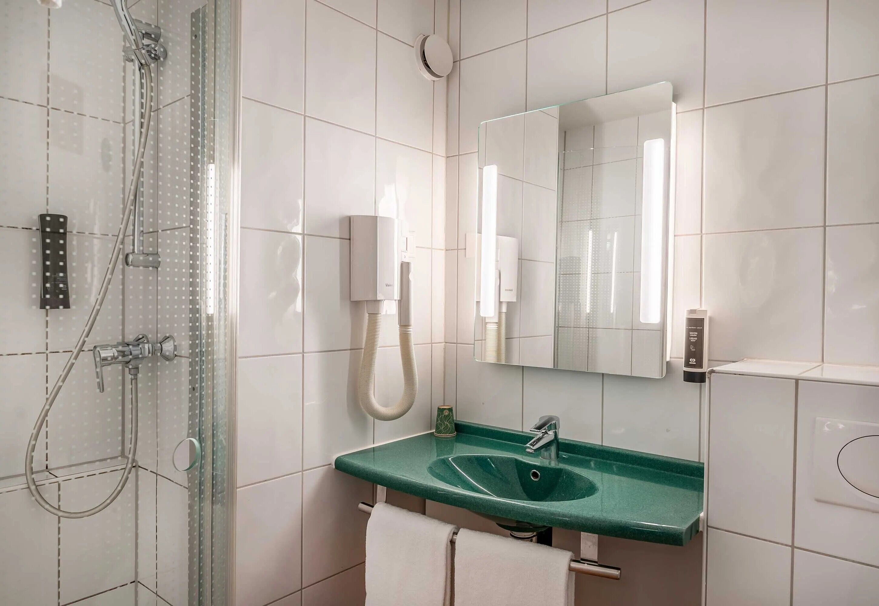 Ein modernes Badezimmer mit einer Duschkabine aus Glas, einem grünen Waschbecken und einem großen Spiegel.