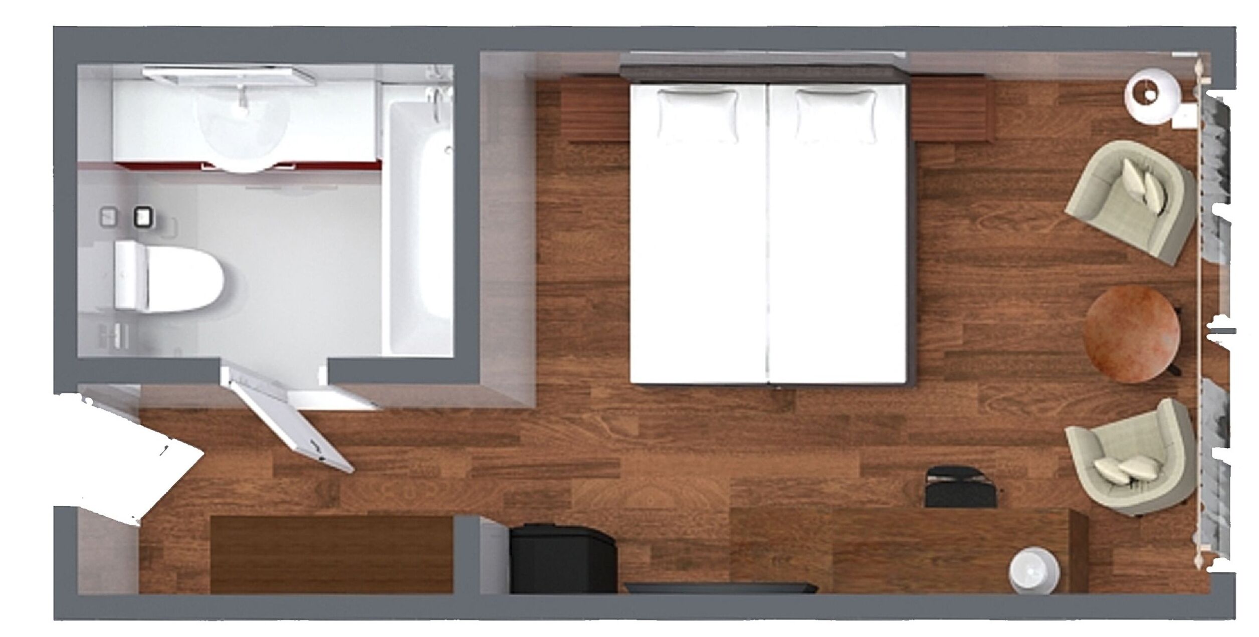 A hotel room layout with a bed, two seating areas, a small table, a trash bin, and a bathroom.