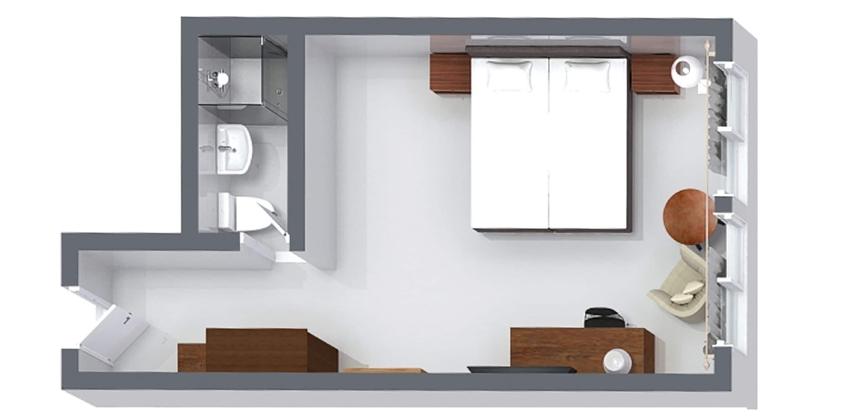 Ein 3D-Grundriss eines Hotelzimmers mit Bett, Schreibtisch, Stuhl, Kleiderschrank und Badezimmer.