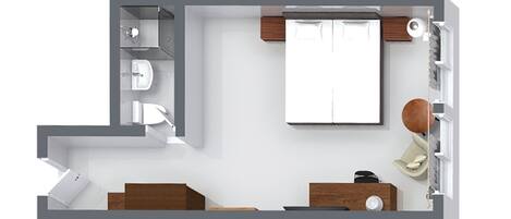 A 3D floor plan of a hotel room with a bed, a desk, a chair, a wardrobe, and a bathroom.