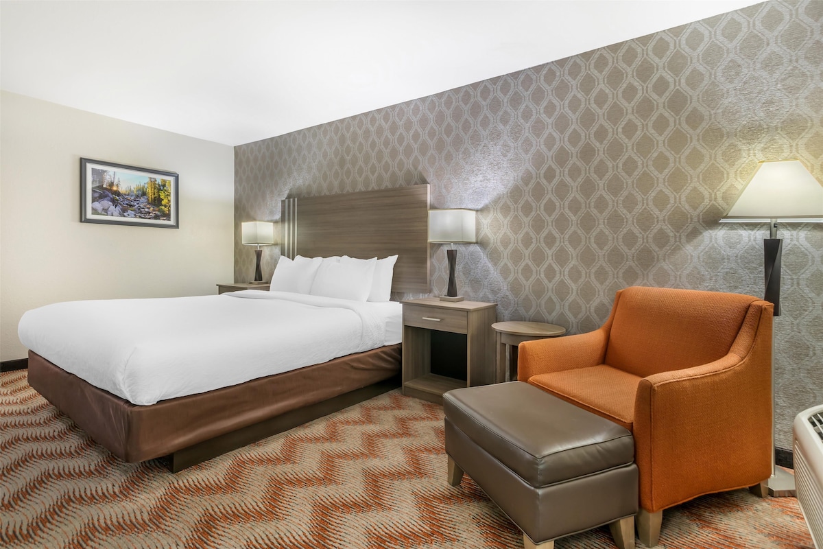 A hotel room with a large bed, a nightstand with a lamp, an orange armchair, and a patterned carpet.