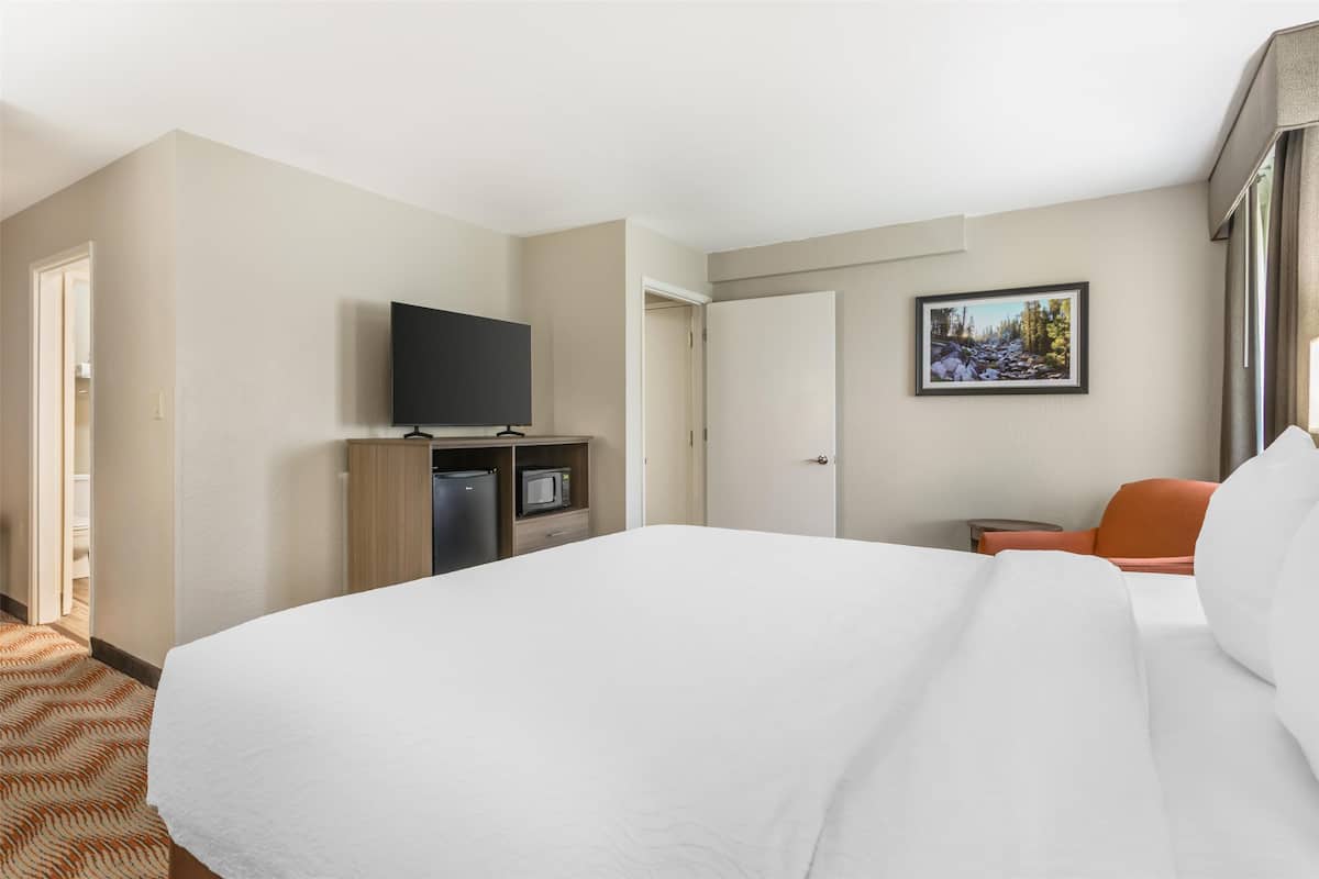 Habitación de hotel con una cama grande, un televisor, un microondas y una pequeña mesa con una silla naranja.