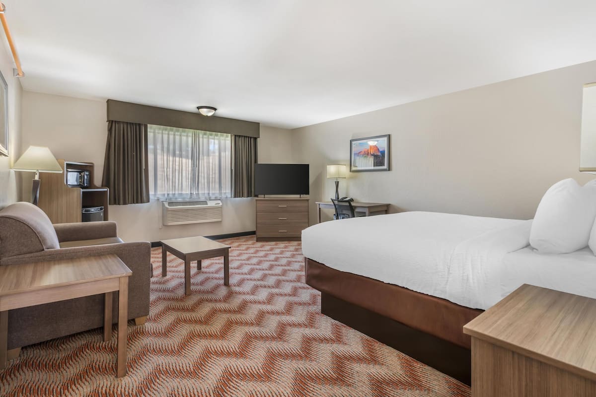 Una habitación de hotel con una cama grande, un escritorio, una silla, un televisor y una ventana con cortinas.