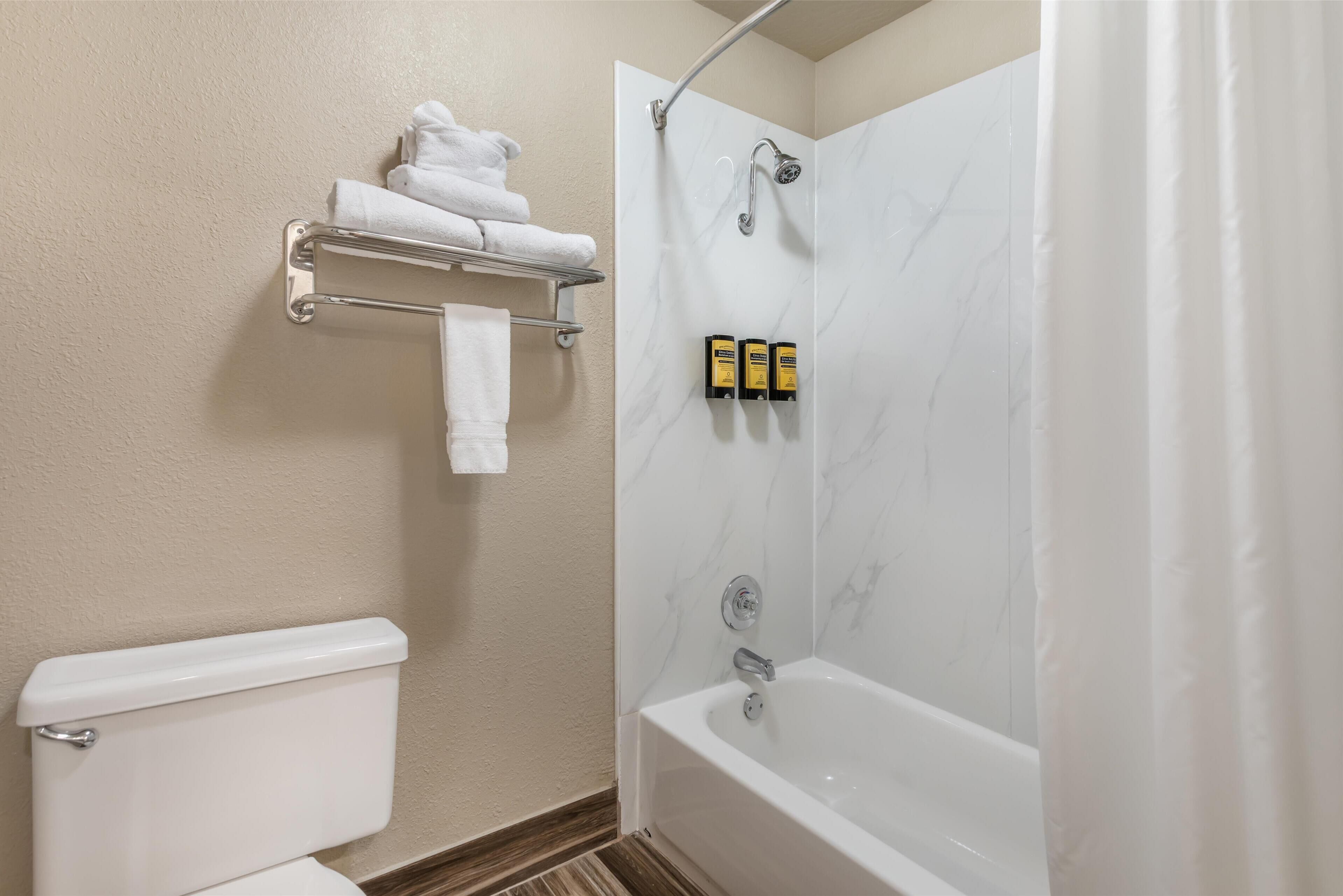 Un bagno con il water, una doccia con porta in vetro e un portasacchiuni con asciugamani piegati.