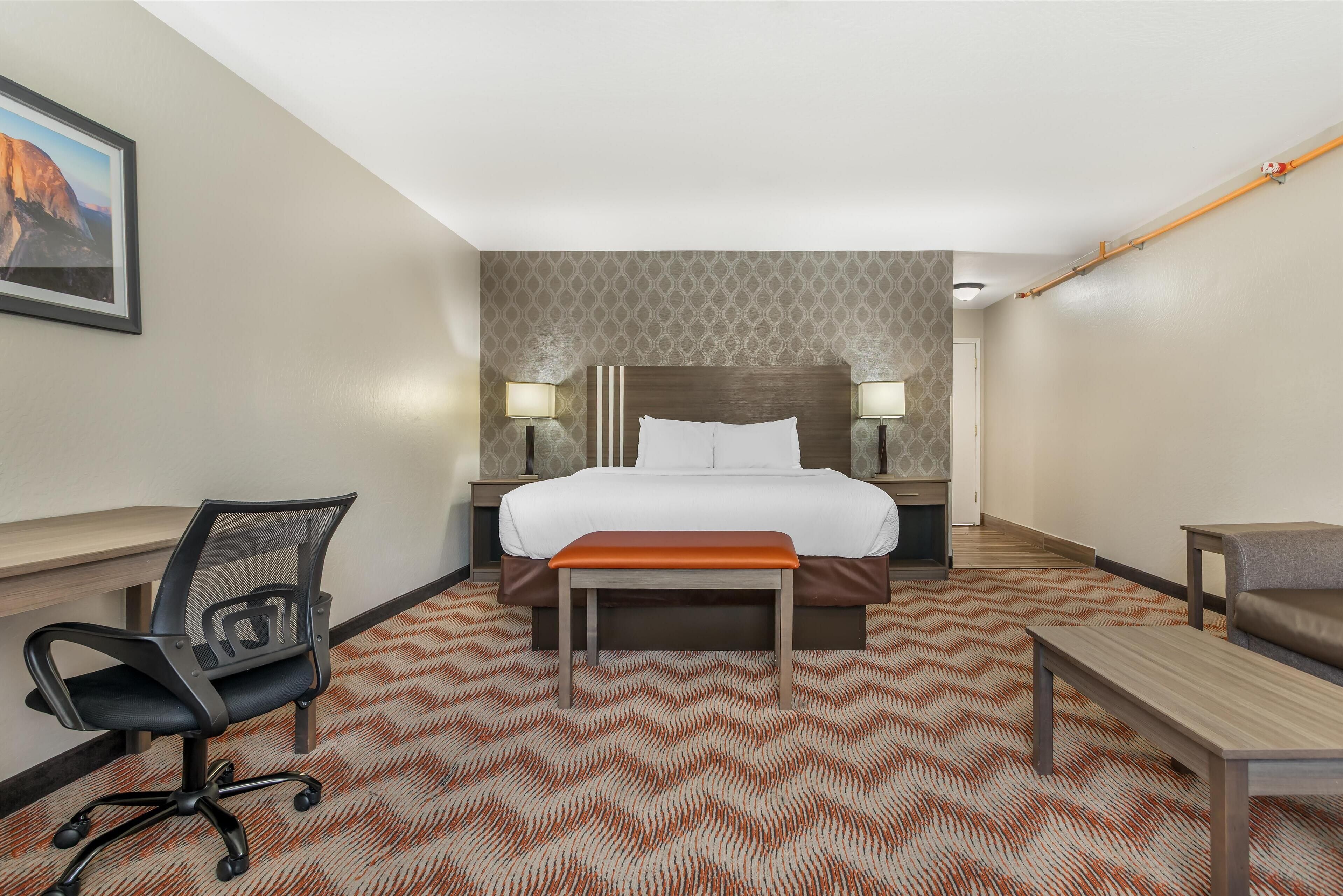 A hotel room with a bed, desk, chair, and a patterned carpet.