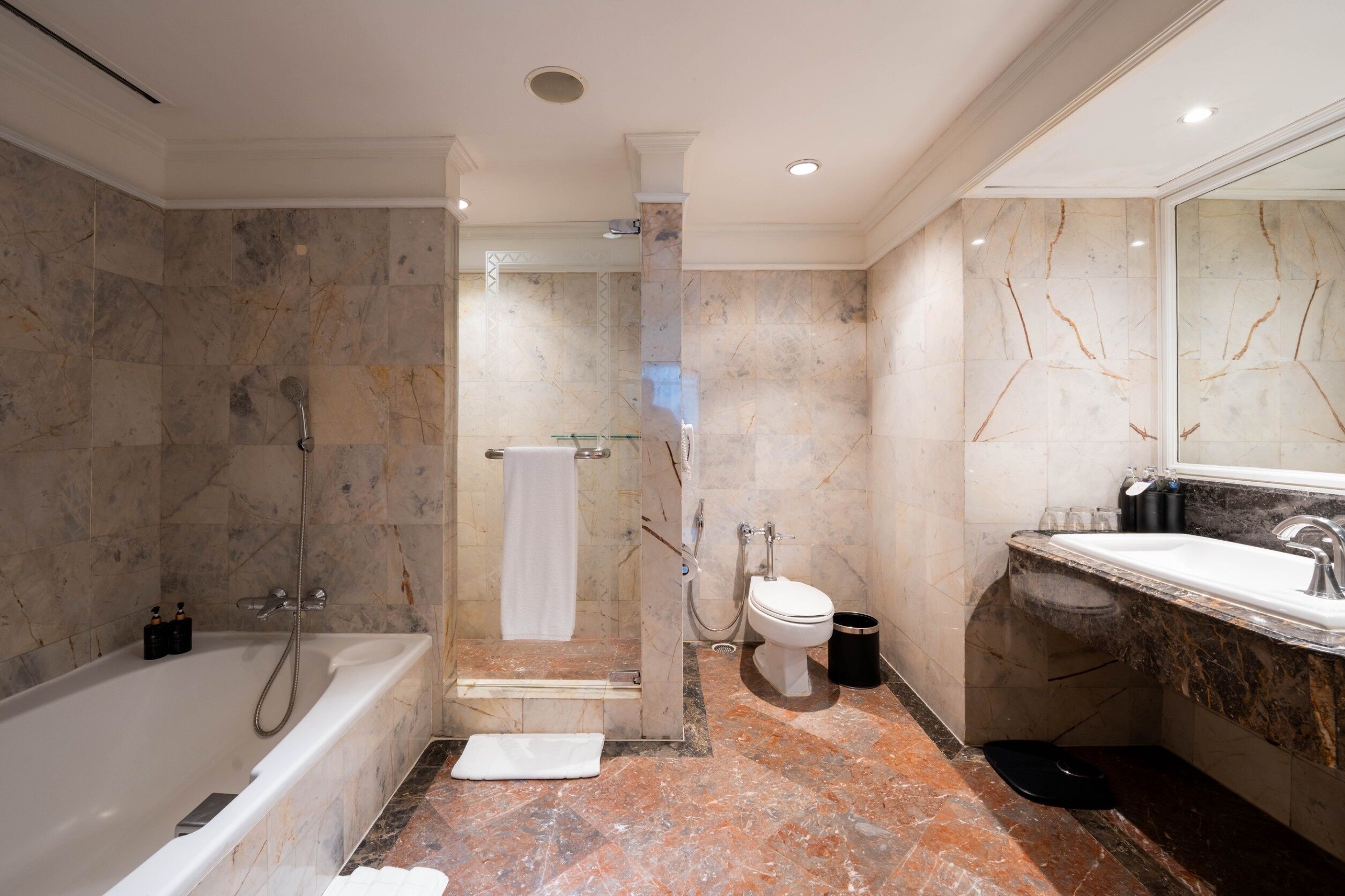 family two bedroom | bathroom | designer toiletries, hair dryer, bathrobes, slippers