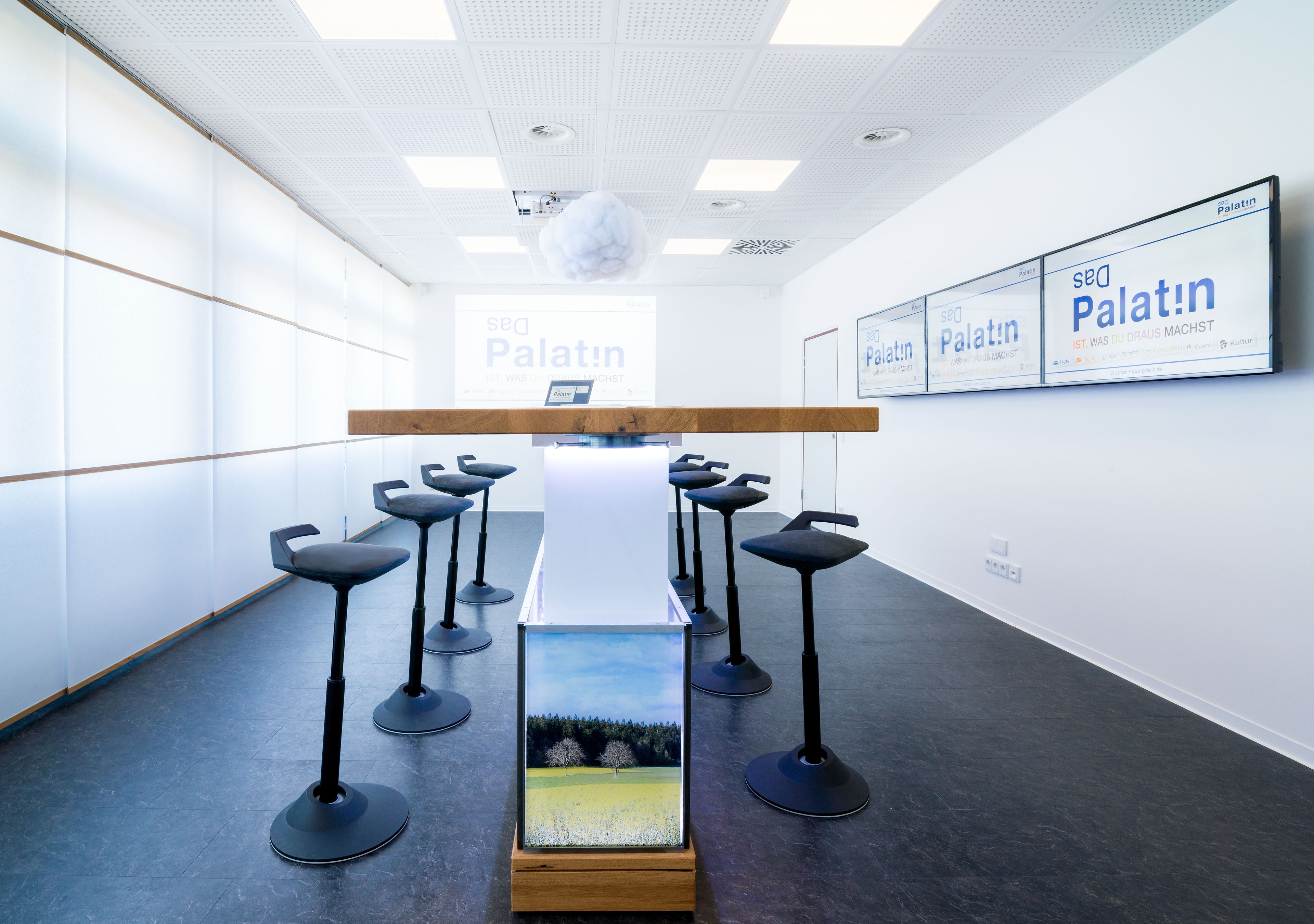 A modern conference room with a long table, black bar stools, and a projector screen displaying 'Palatin'.