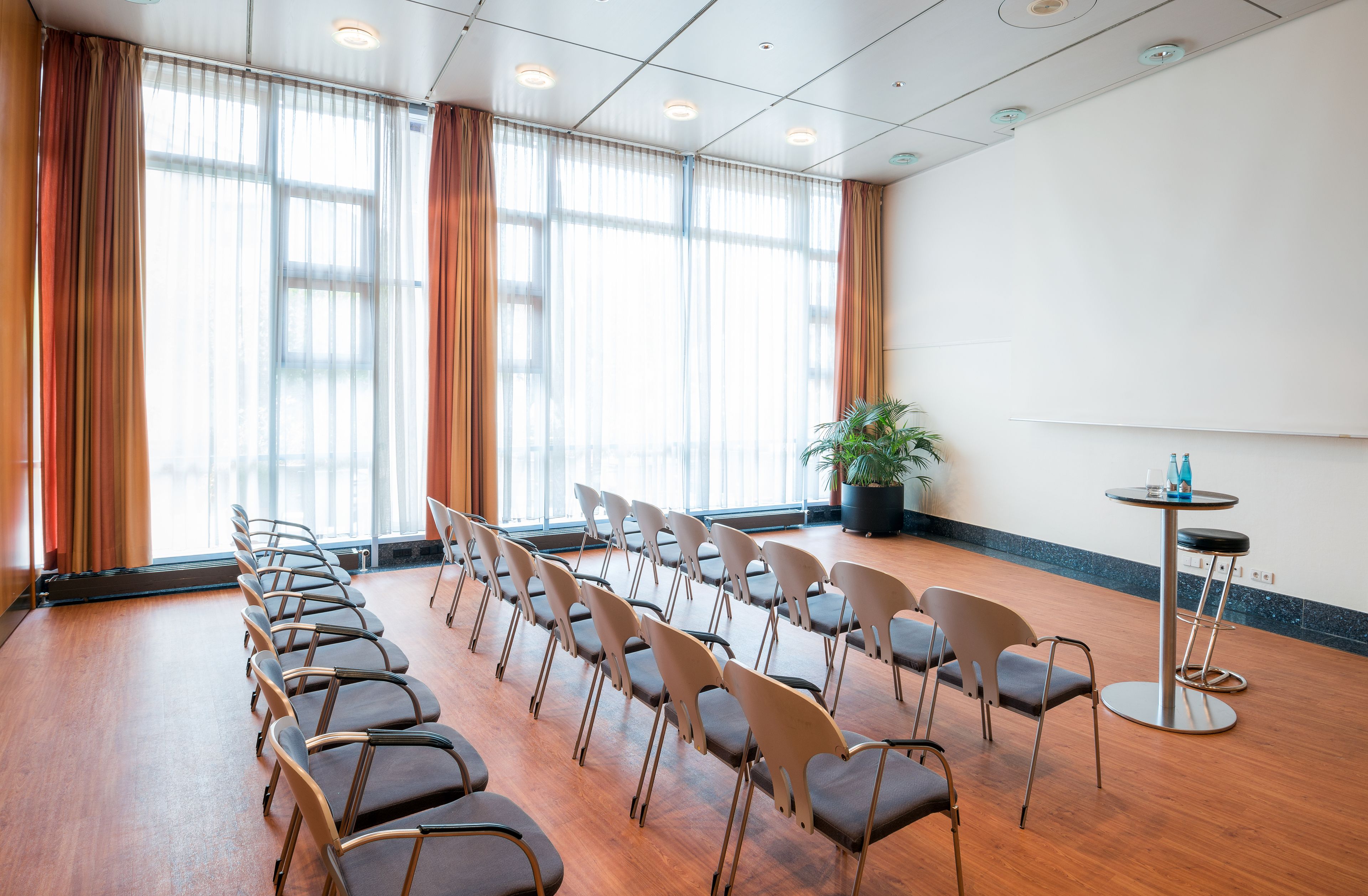 A conference room with rows of chairs, a small table with a plant, and large windows with curtains.
