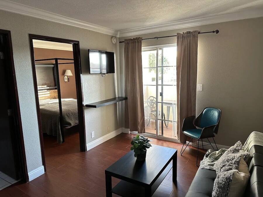 A living room with a sofa, a coffee table with a plant, a TV, and a sliding glass door leading to a balcony.