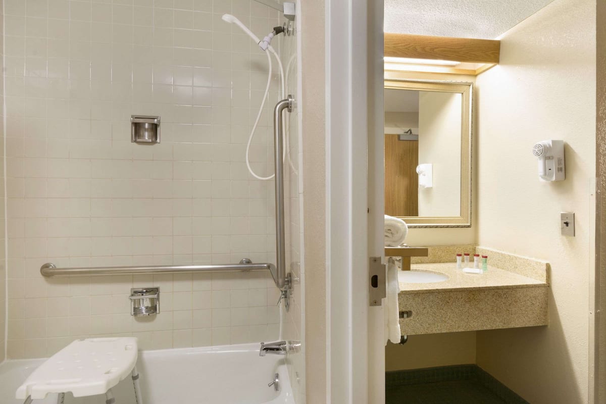 combined shower/bathtub, free toiletries, hair dryer, towels