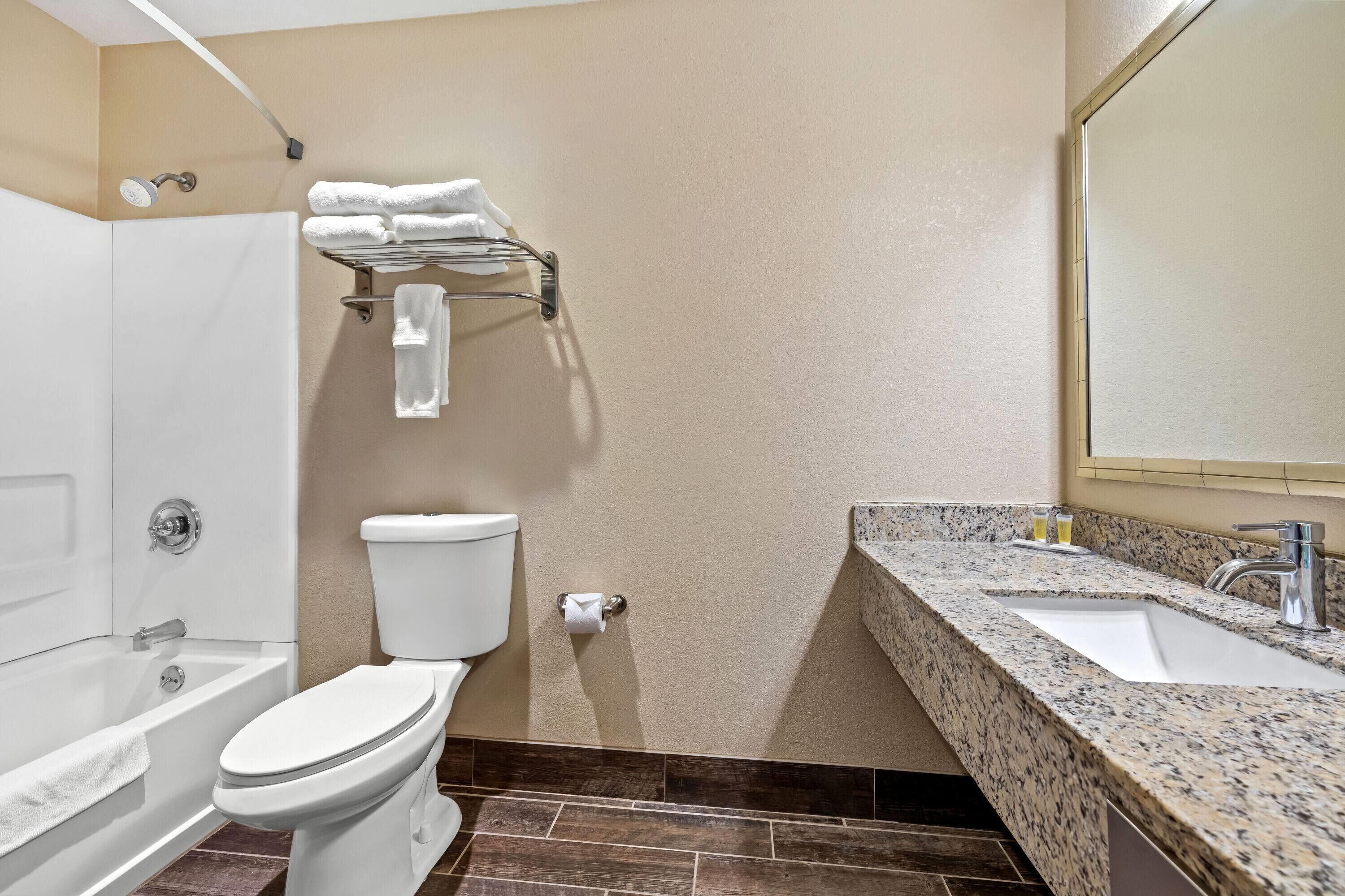 Un baño con bañera, inodoro y lavamanos de encimera de granito.