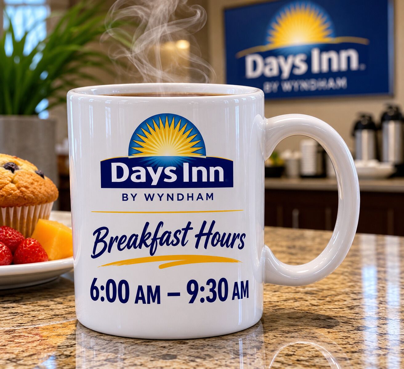 A mug with 'Days Inn by Wyndham Breakfast Hours 6:00 AM - 9:30 AM' text, a muffin, and a plate with fruit.