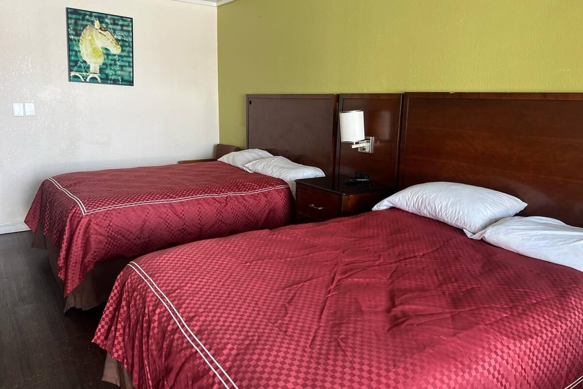 A hotel room with two beds, each with a red checkered bedspread and white pillows. There is a wooden headboard, a nightstand with a lamp, and a wall-mounted picture of a horse.