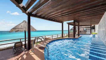 Outdoor pool, pool umbrellas, sun loungers
