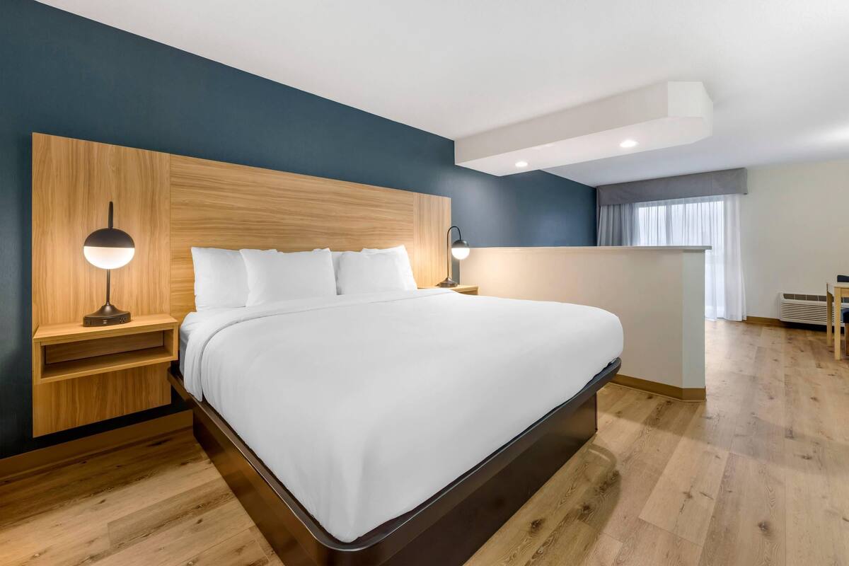 Suite, 1 Tempat Tidur King, Bebas Asap Rokok, pemandangan kolam renang (Efficiency, Balcony) | Meja kerja, tirai kedap cahaya, setrika/meja setrika, dan Wi-Fi gratis