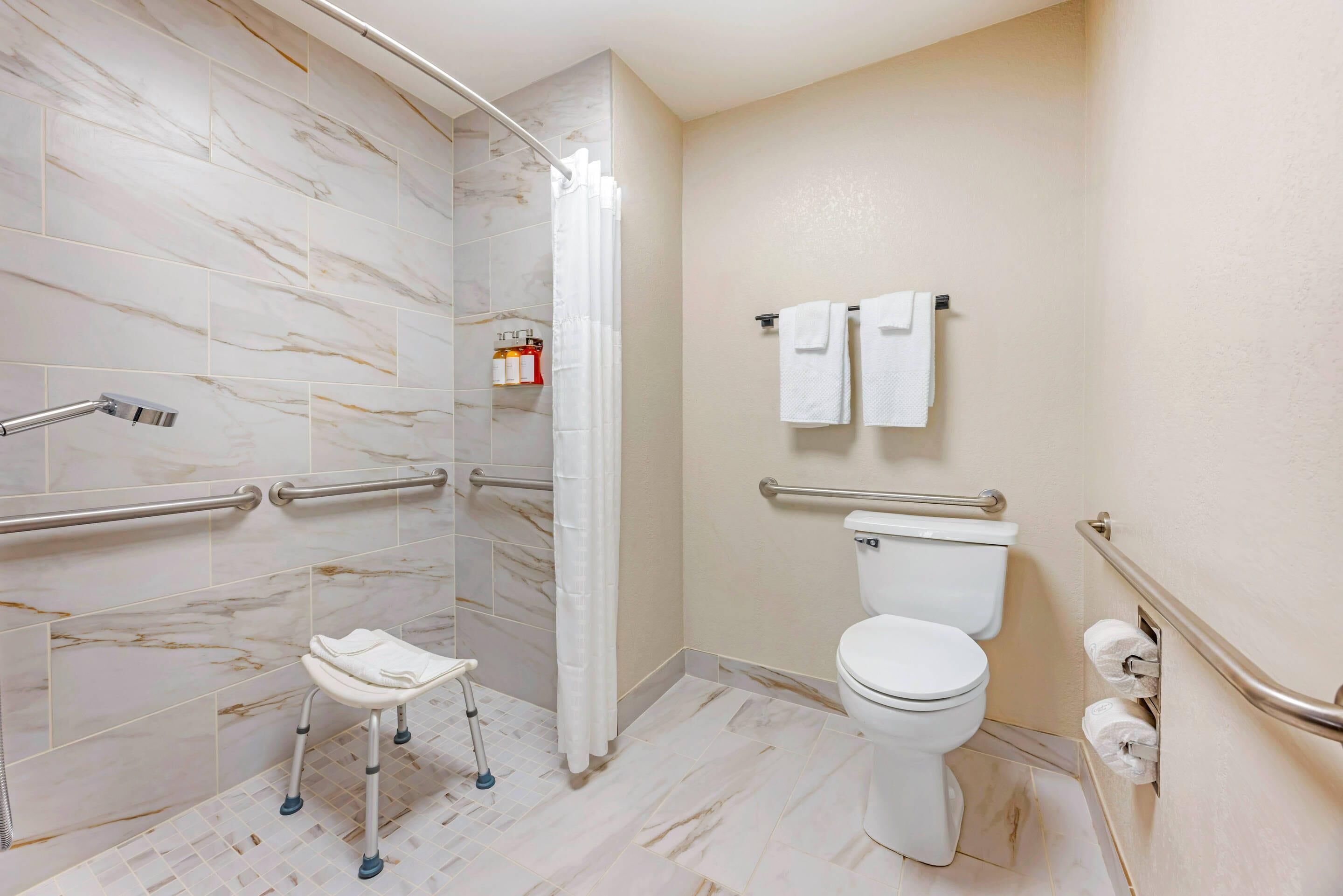 A bathroom with a shower, toilet, and grab bars.