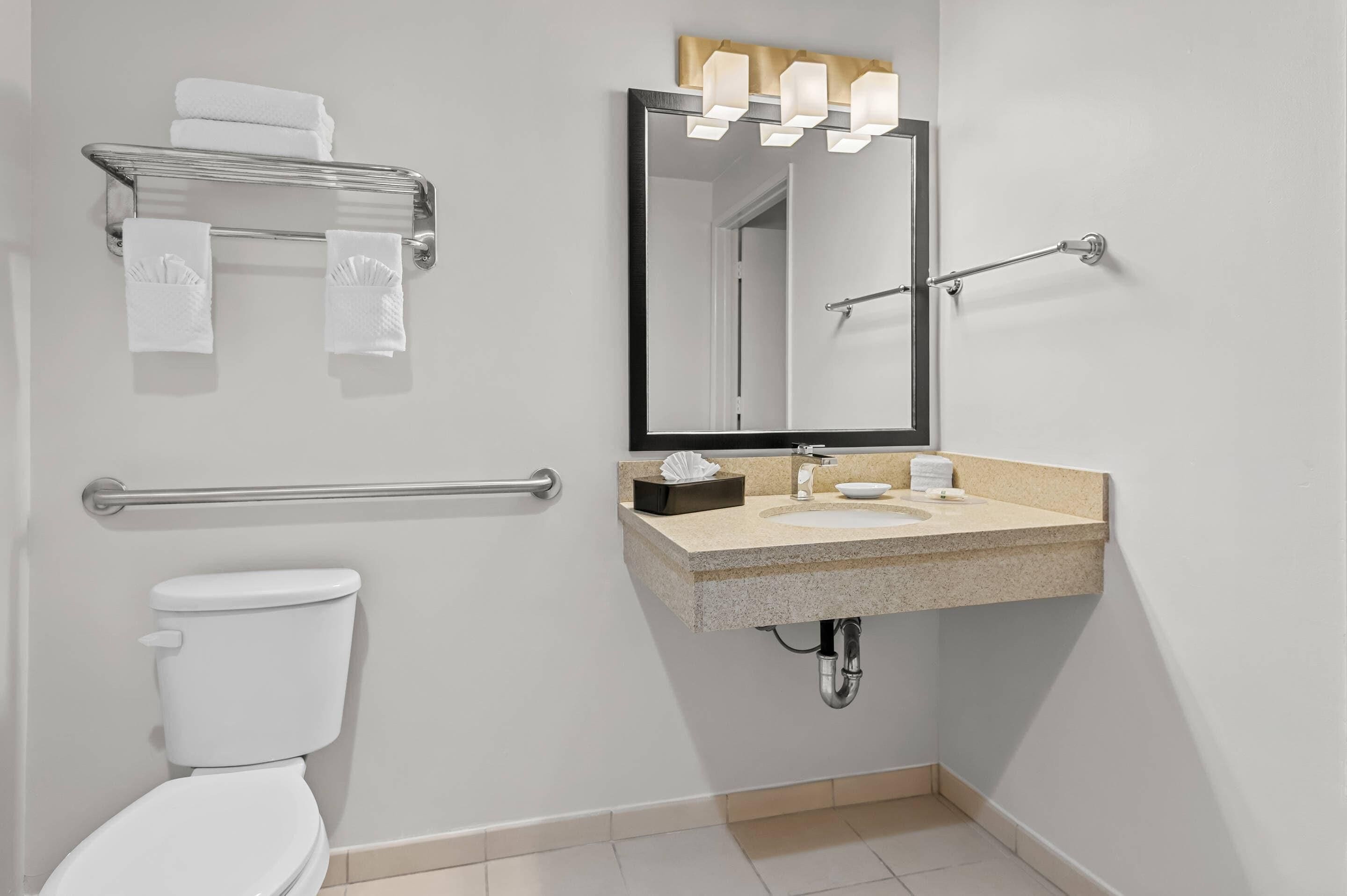 Ein Badezimmer mit Toilette, Waschbecken mit Spiegel, Handtuchhalter und einer Haltestange.