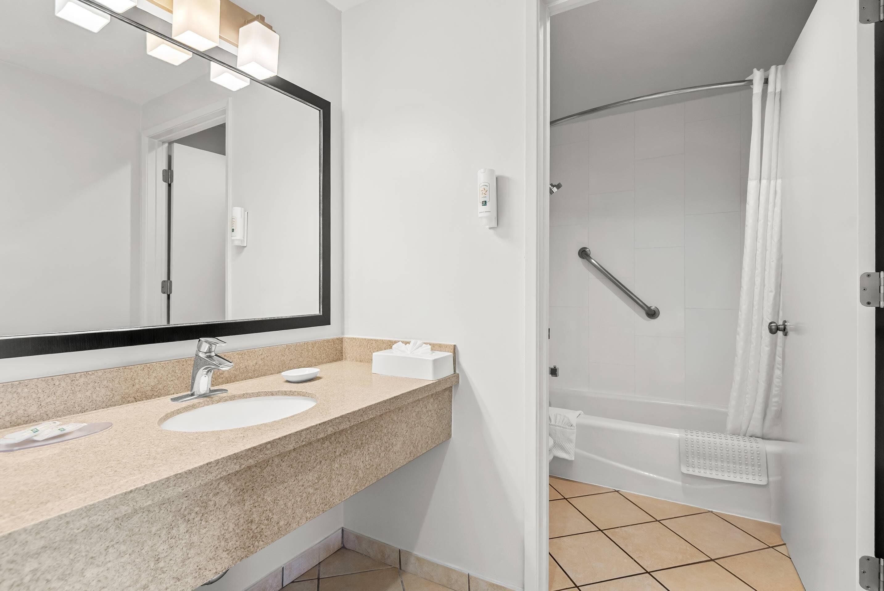 Een badkamer met een wastafel, spiegel en douche.