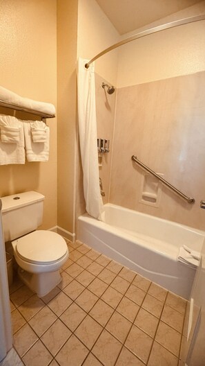 Hair dryer, towels, soap, shampoo