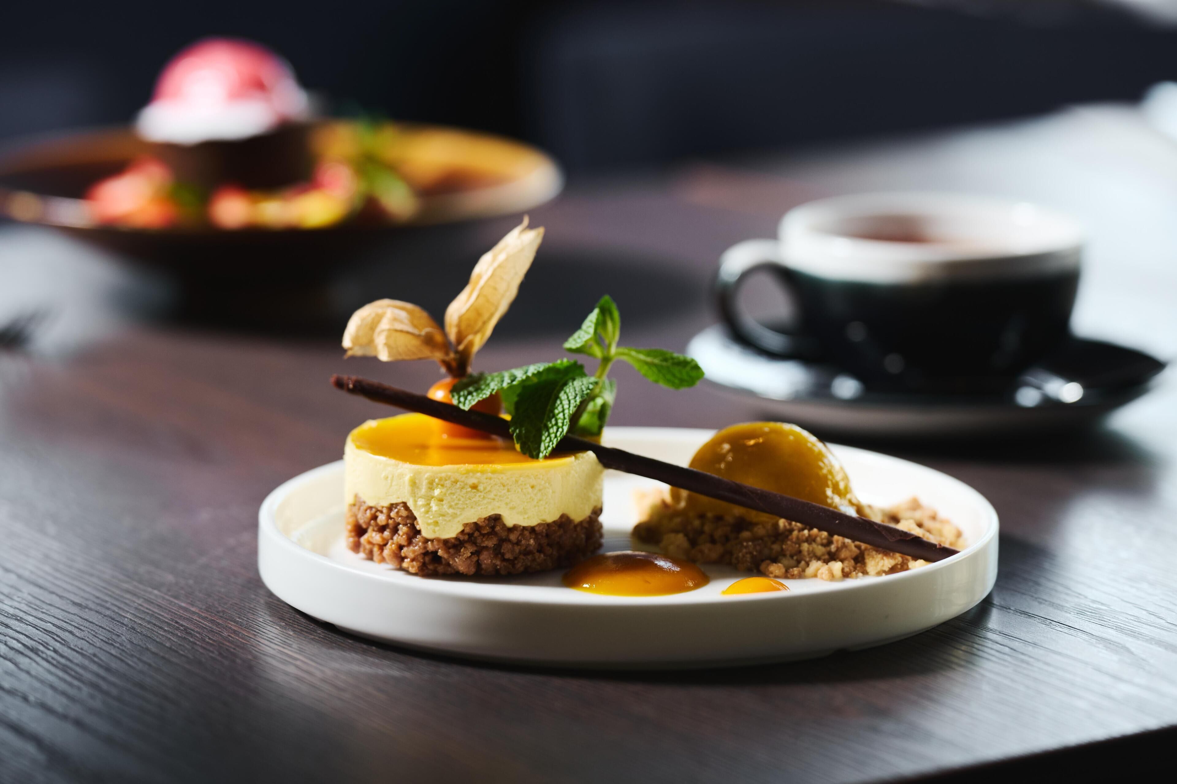 A dessert plate with a cheesecake, caramel sauce, and a chocolate piece on a white plate.