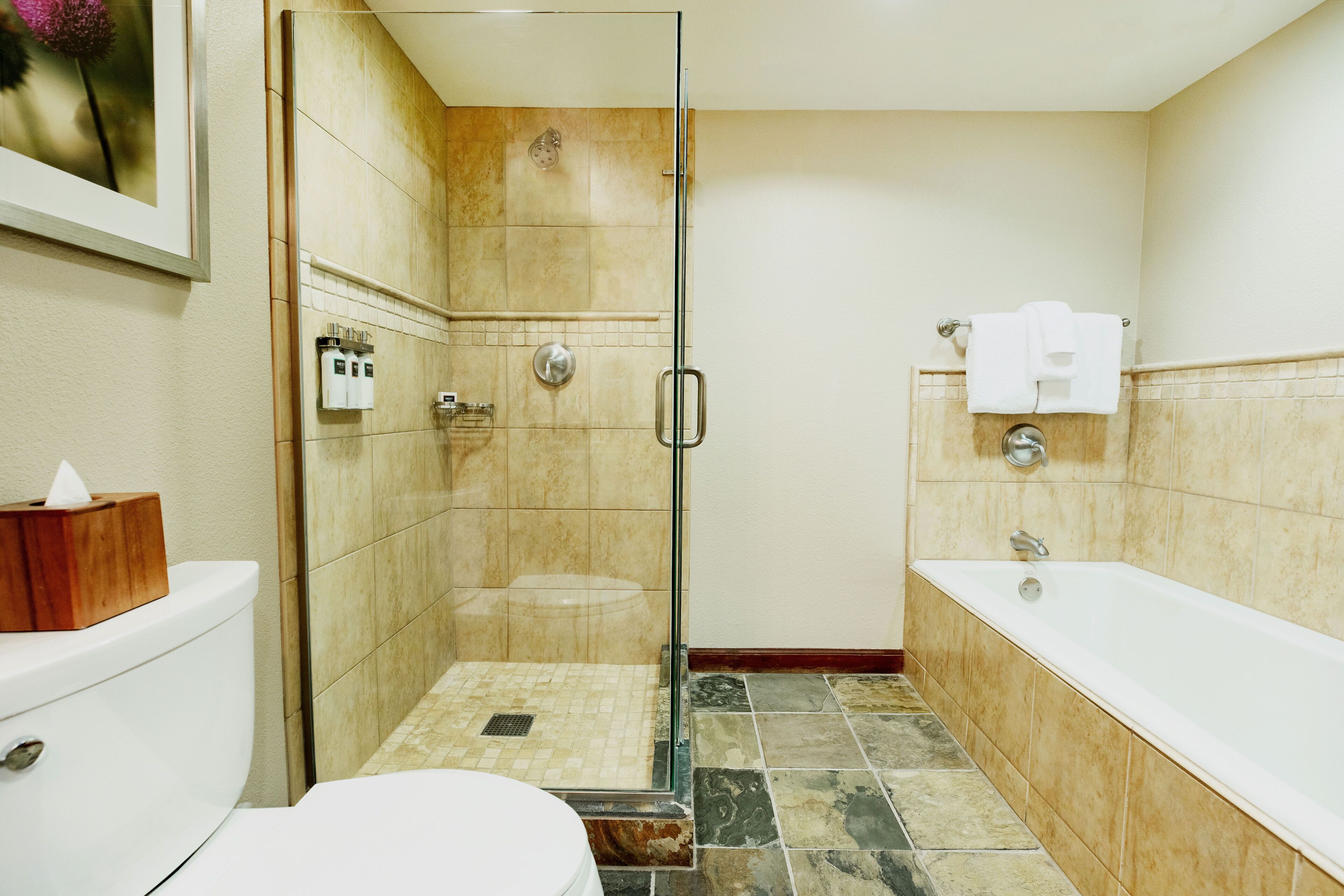 A bathroom with a glass-enclosed shower, a toilet, and a bathtub.