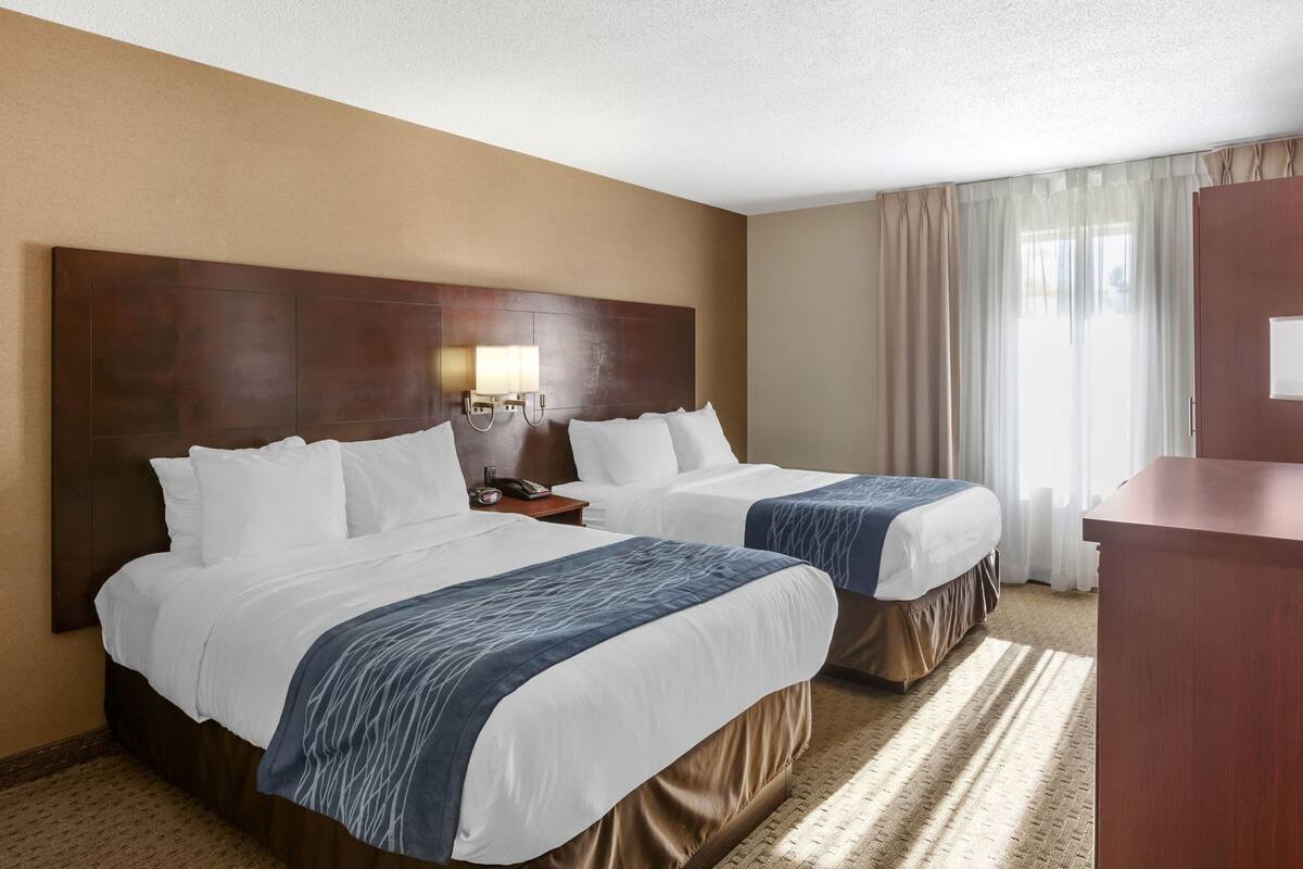 A hotel room with two beds, a wooden headboard, a bedside table with a lamp, and a view of the outdoors through a window with curtains.