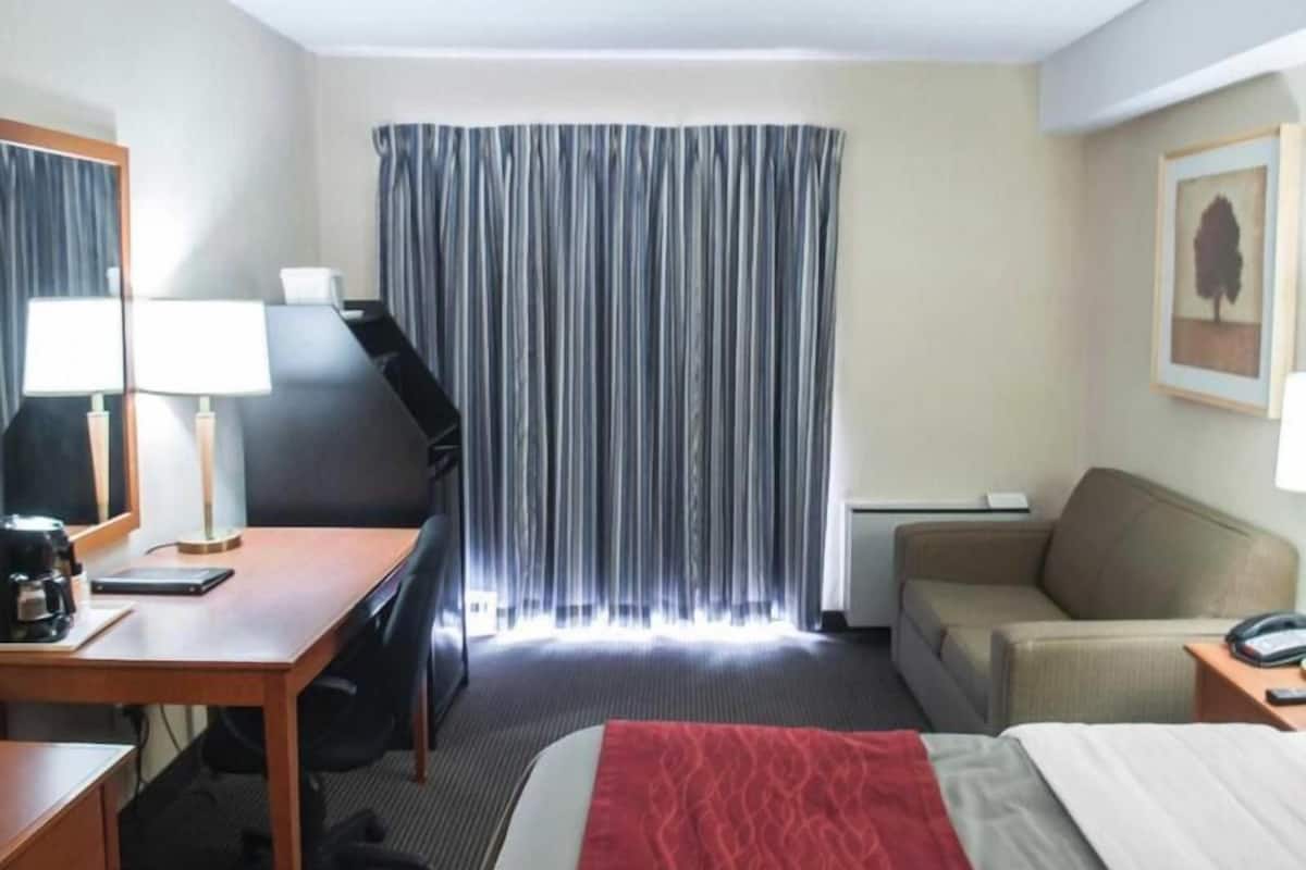 Hypo-allergenic bedding, desk, blackout drapes, soundproofing