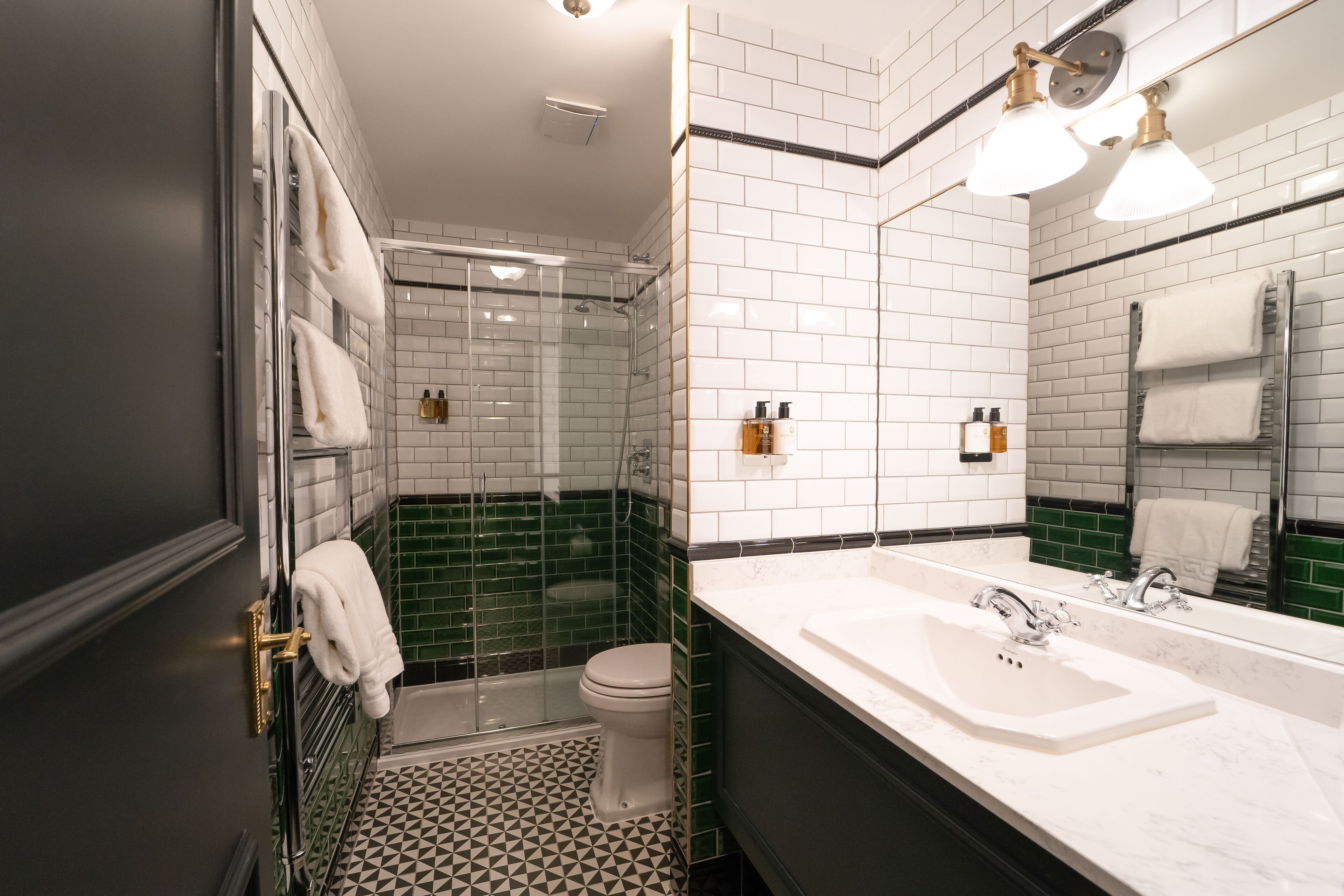 separate bathtub and shower, free toiletries, hair dryer, towels