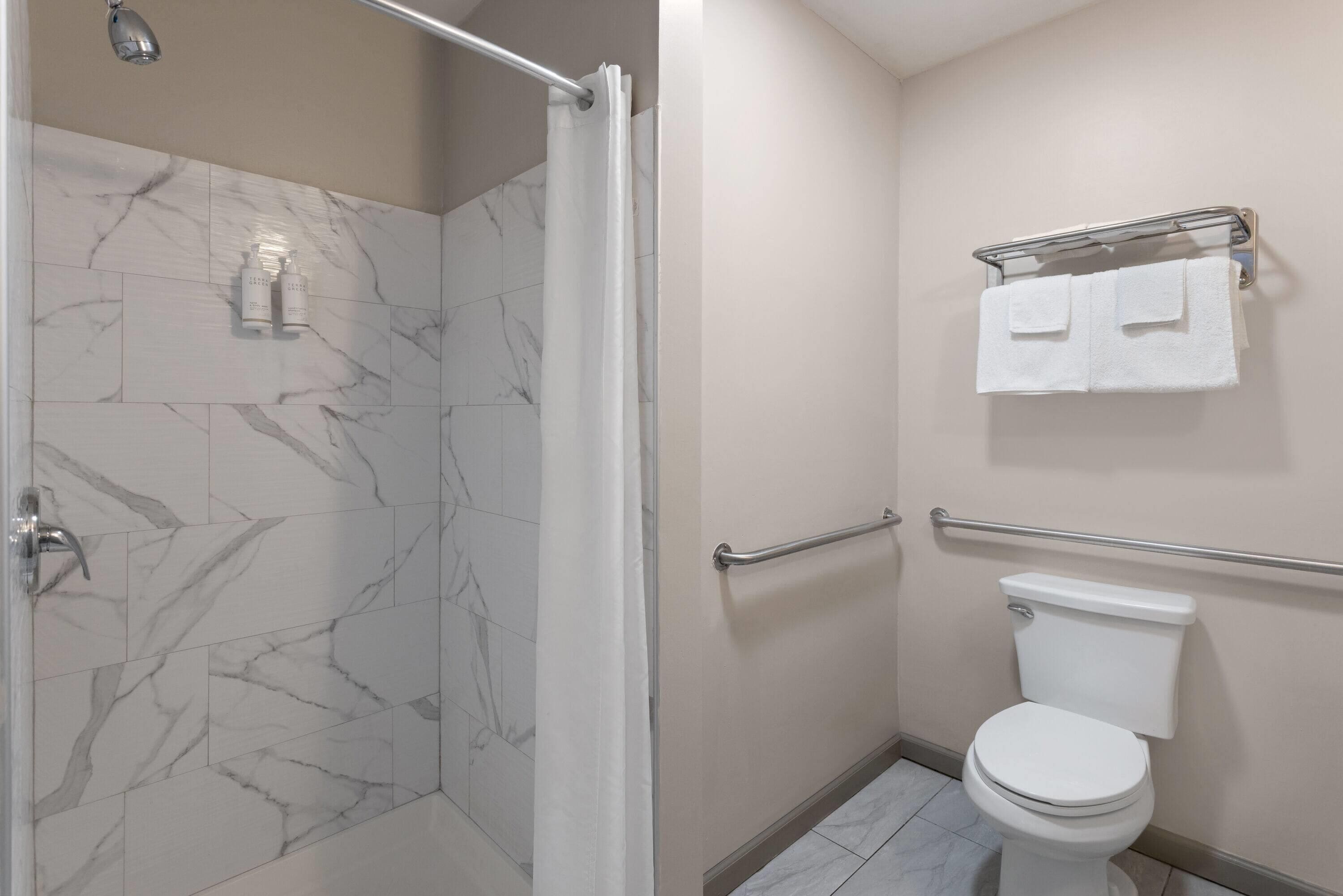 A bathroom with a shower, toilet, and towel rack.