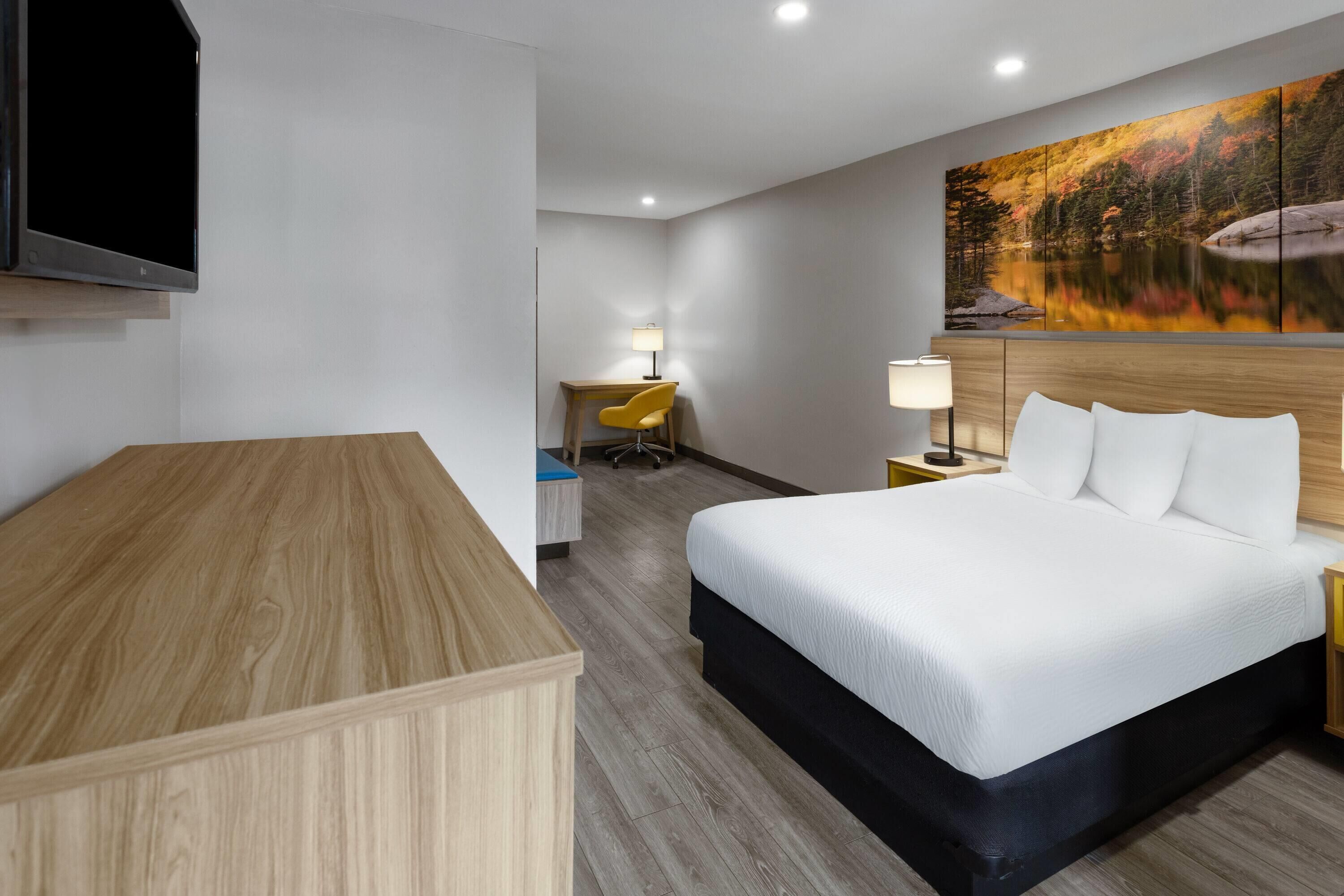 Une chambre d’hôtel avec un lit, un bureau, une chaise, une télévision et un tableau au mur.