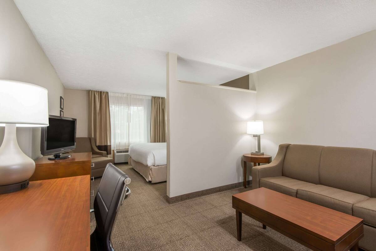 Een hotelkamer met een bed, een bureau met lamp, een bank en een televisie.