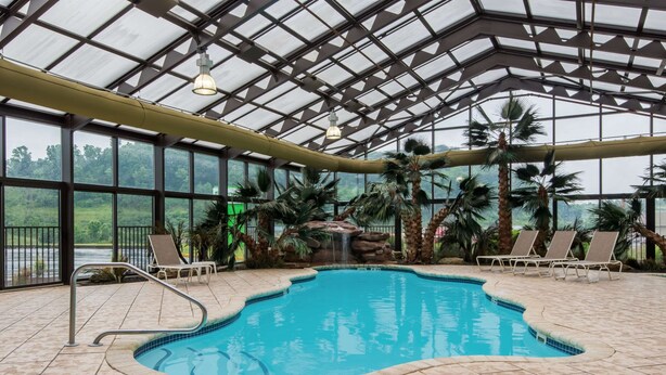 An indoor pool with clear glass walls, palm trees, and a waterfall feature. - Wyndham Garden Cross Lanes Charleston (Cross Lanes)
