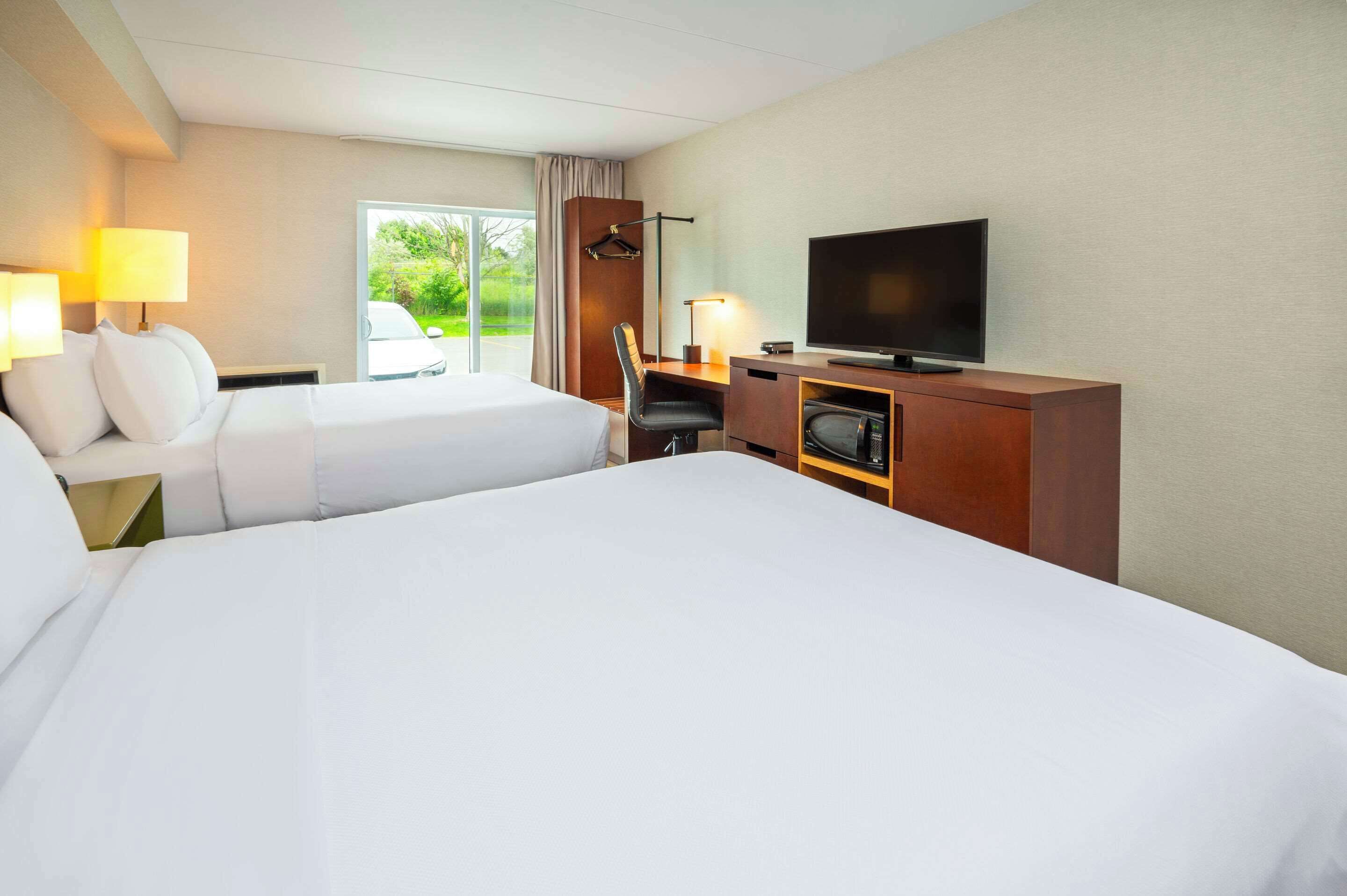 Habitación de hotel con dos camas, un escritorio con televisor y vistas a zonas verdes.
