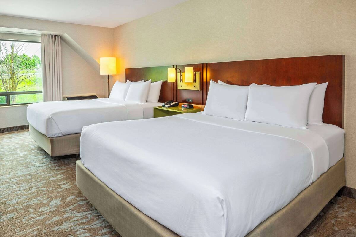 A hotel room with two beds, a nightstand, a lamp, and a view of greenery outside.