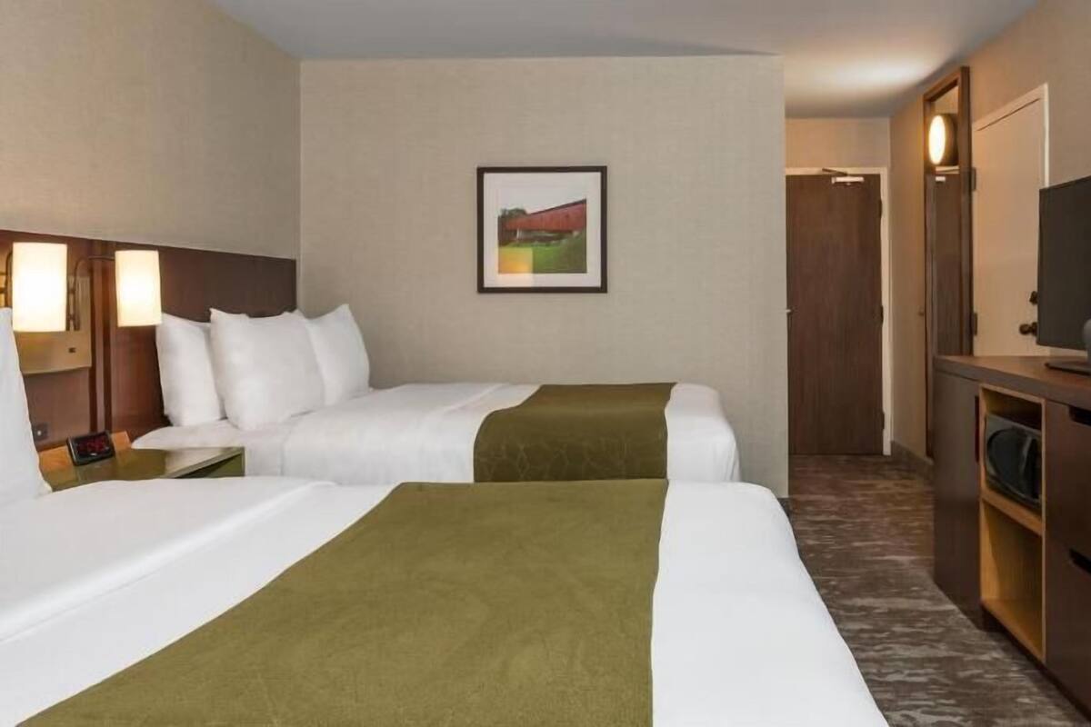 A hotel room with two beds, a desk with a chair, a television, and a framed picture on the wall.