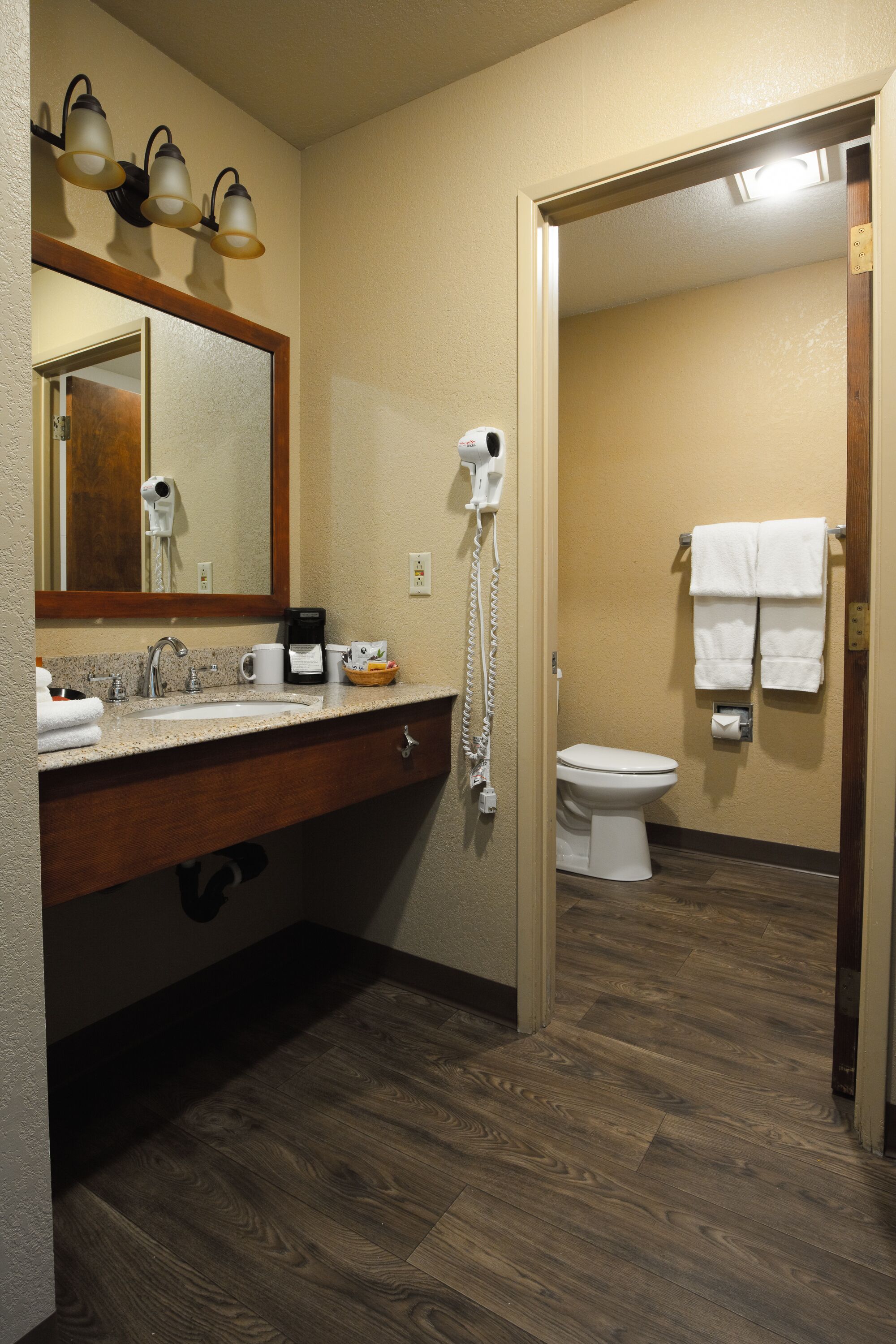 combined shower/bathtub, free toiletries, hair dryer, towels