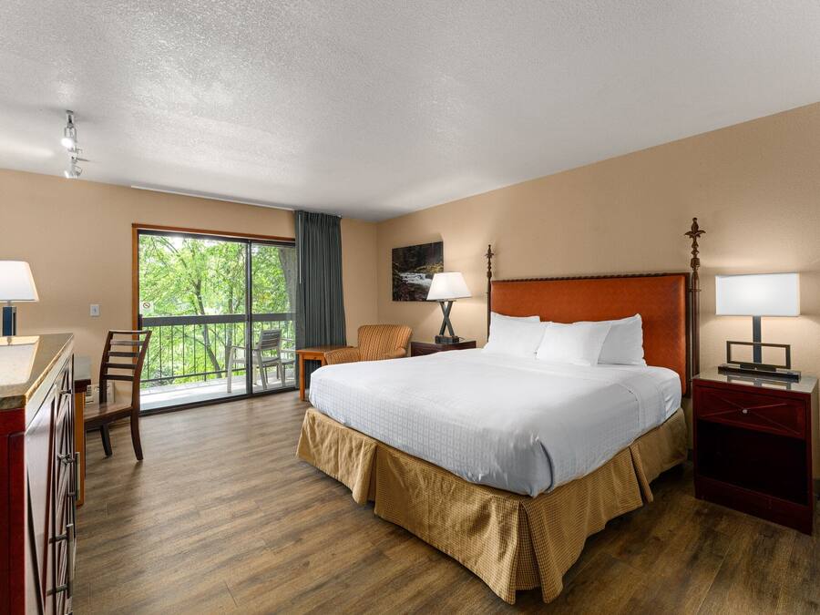 A hotel room with a large bed, a desk, a chair, a nightstand, and a window with a view of greenery.