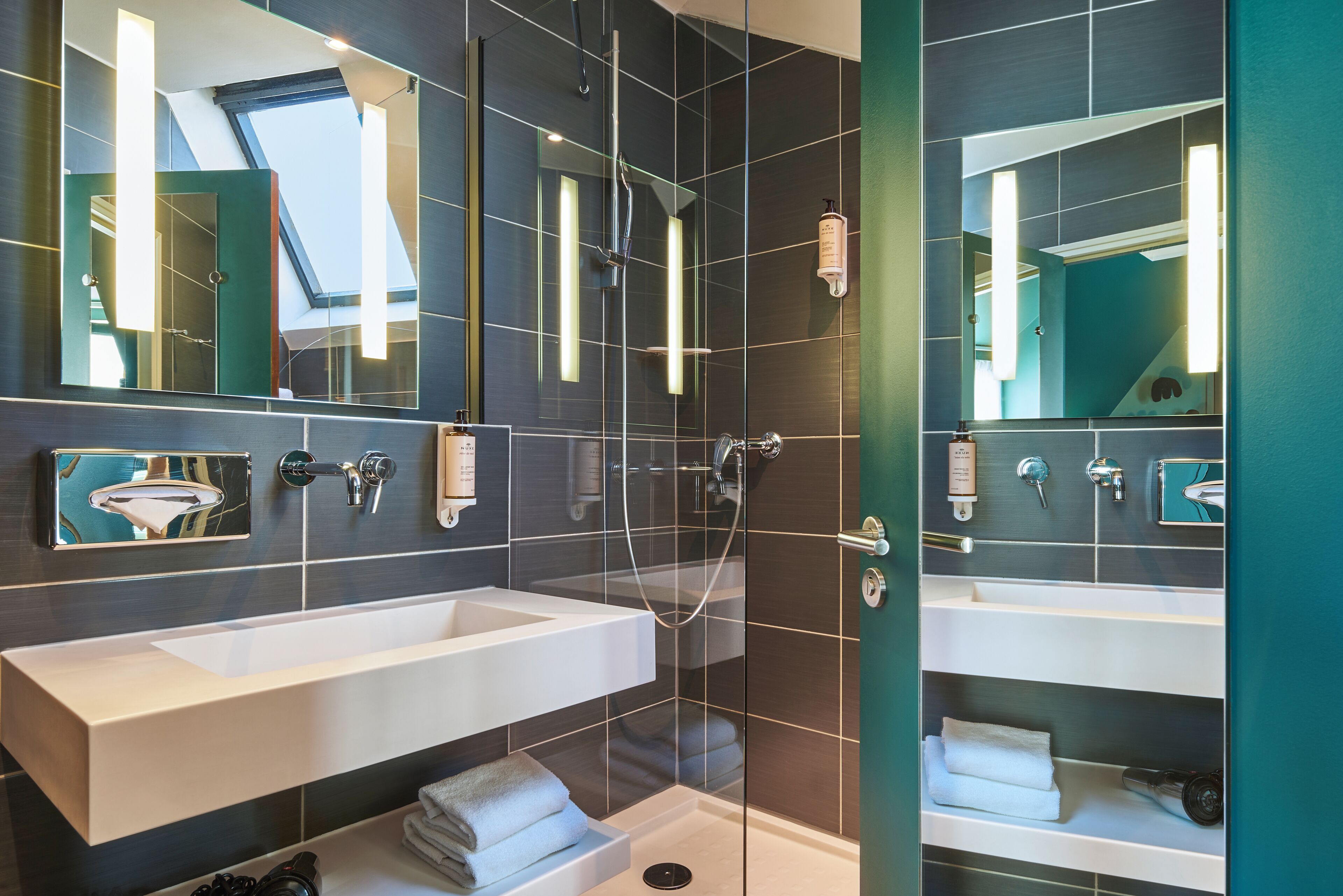 Eco-friendly toiletries, hair dryer, towels, soap