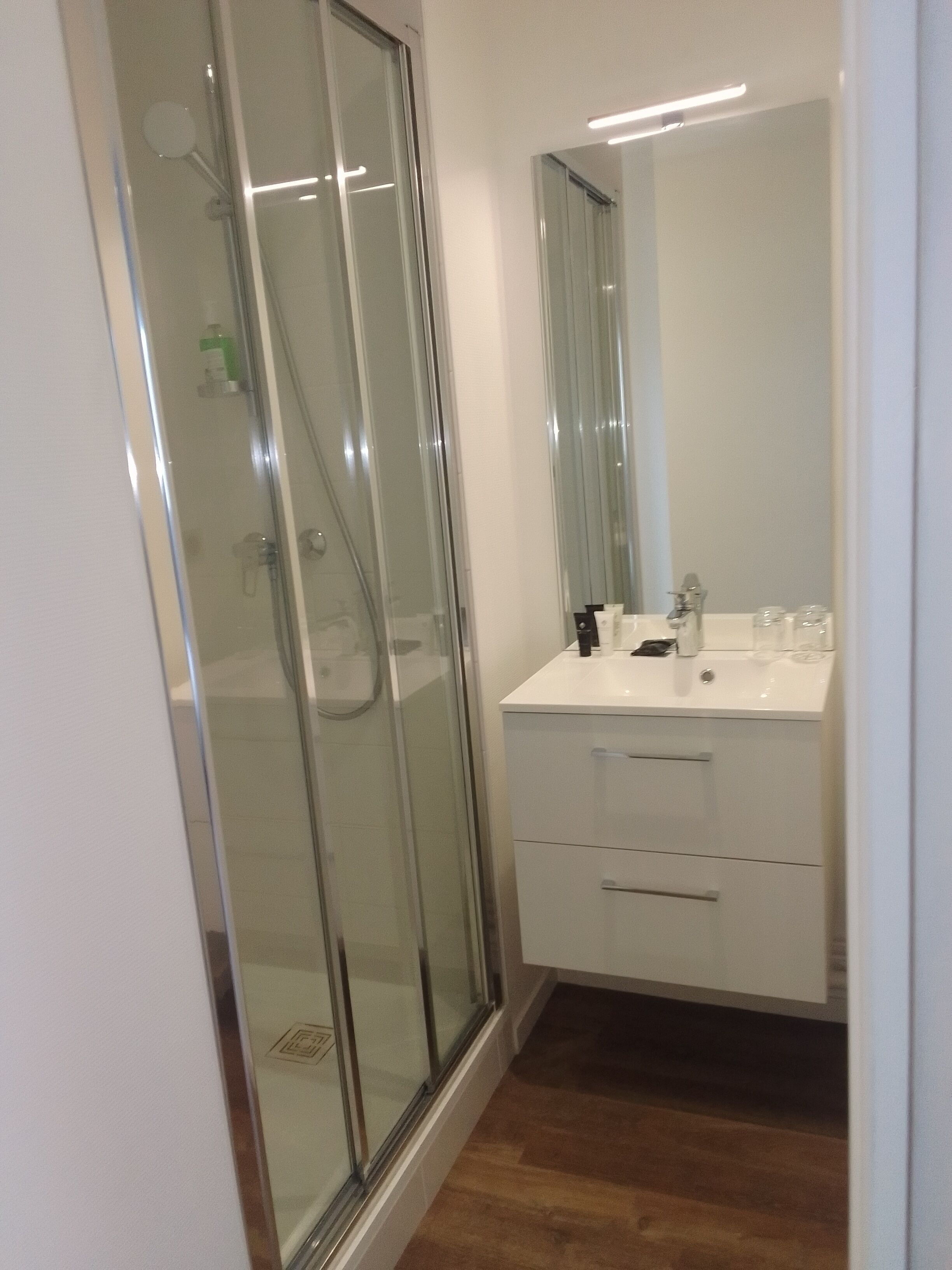 A modern bathroom with a glass shower enclosure, a white vanity with a mirror, and a wooden floor.