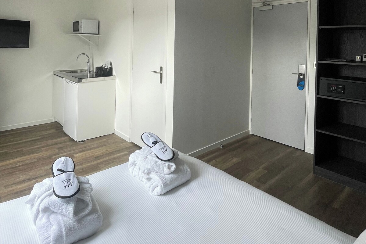A hotel room with a bed, a small kitchenette, a bathroom, and a wardrobe.