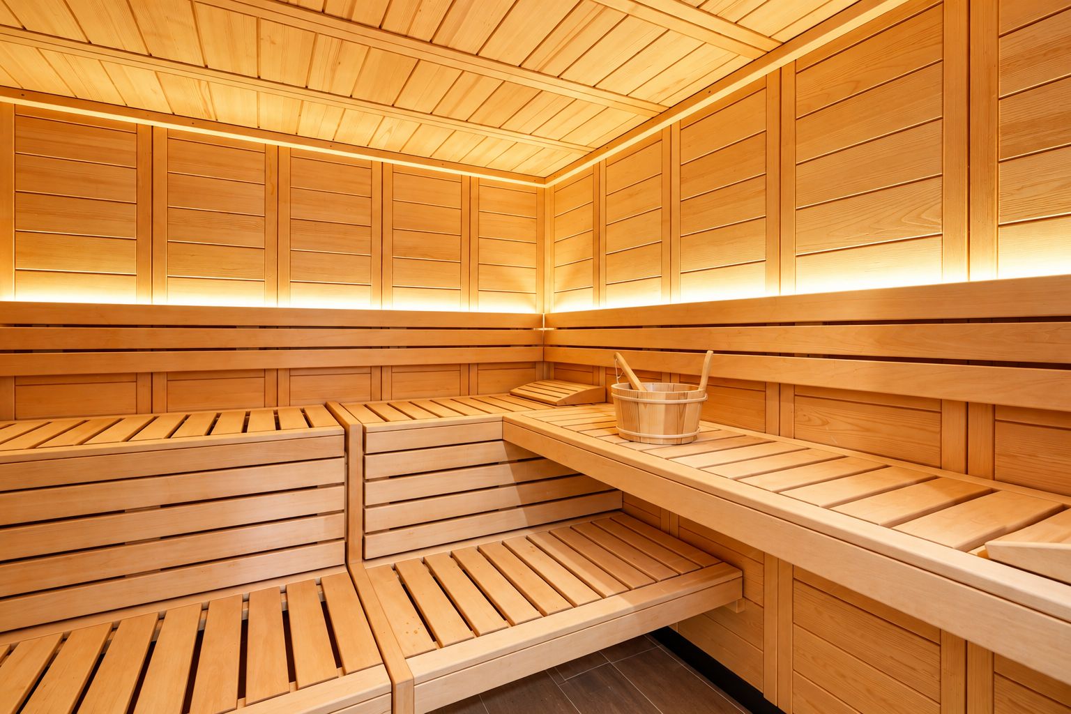 A sauna with wooden benches and a wooden bucket on a shelf.